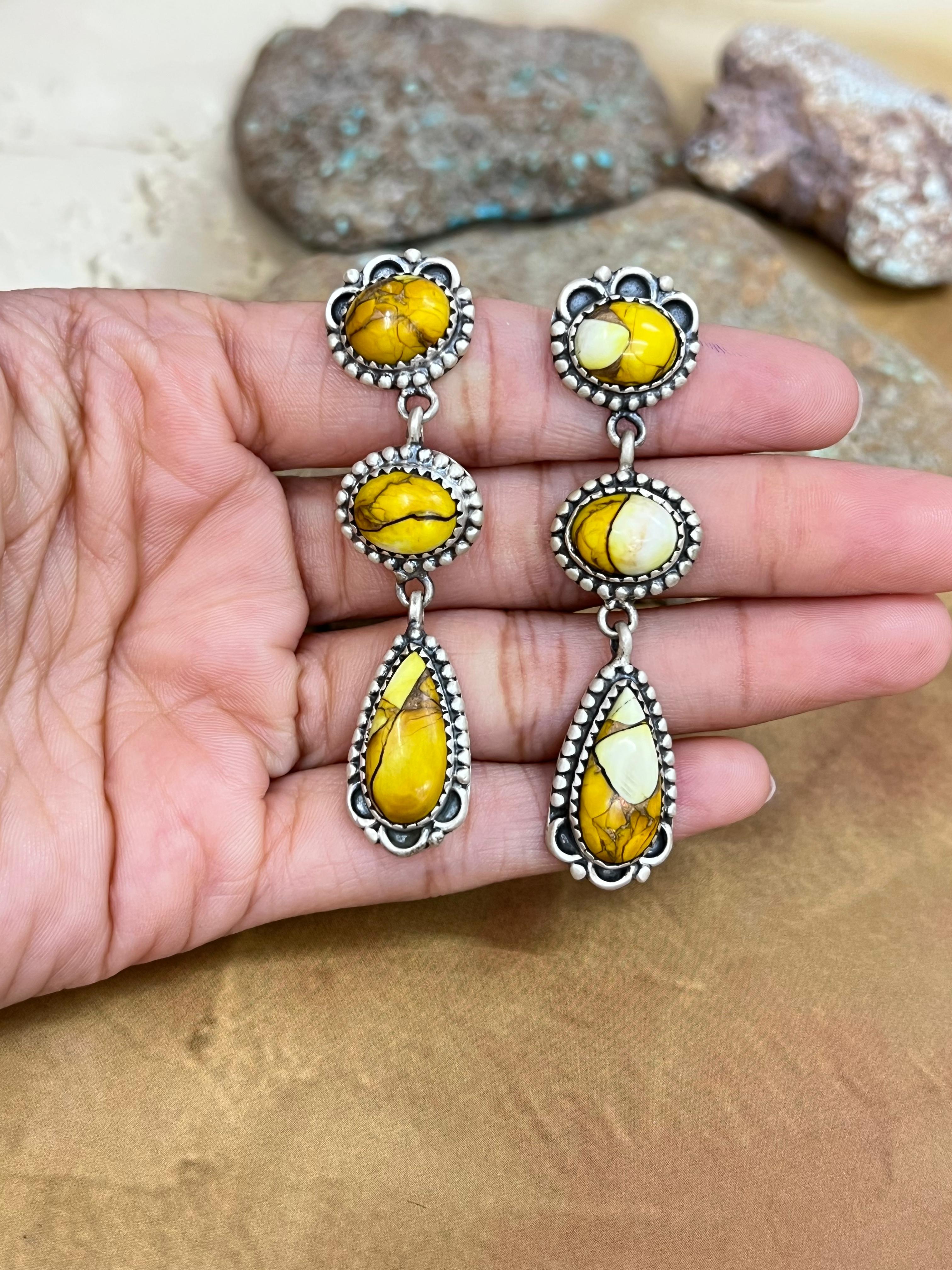 Handmade Sterling Silver Honey Dahlia Post Dangle Earrings with Signed Nizhoni