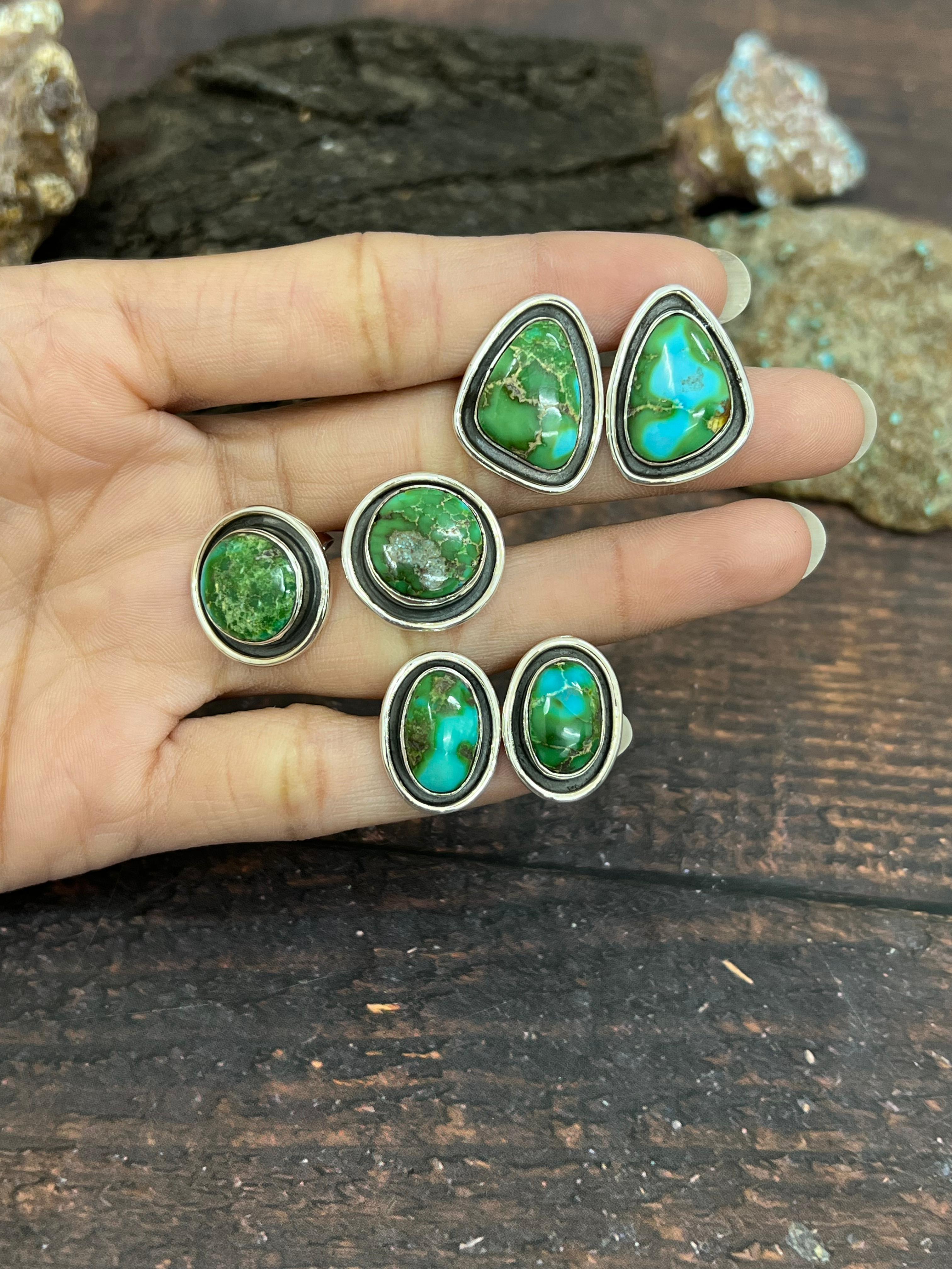 Handmade Sterling Silver Sonoran Mountain Turquoise Stud Post Studs with Signed Nizhoni