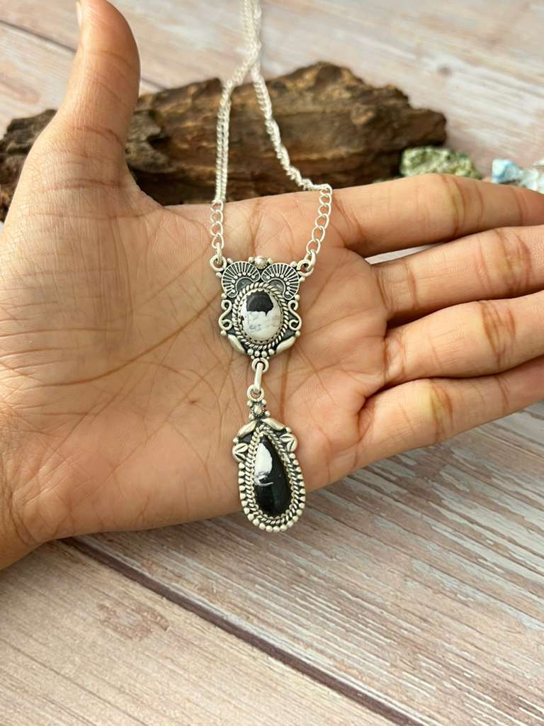 Handmade Sterling Silver White Buffalo Necklace with Signed Nizhoni