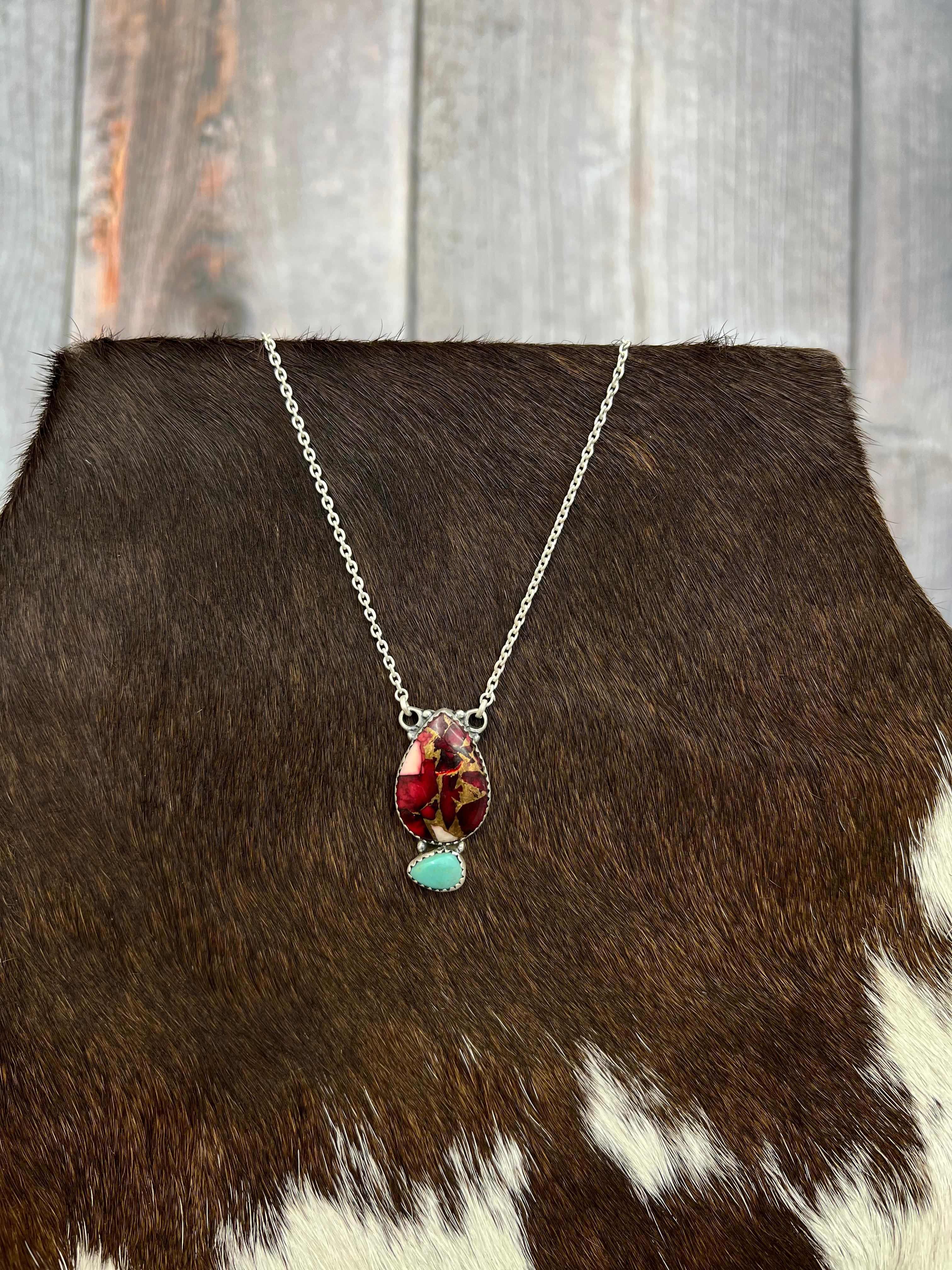 Handmade Sterling Silver Dahlia Rose, Kingman Turquoise Necklace with Signed Nizhoni