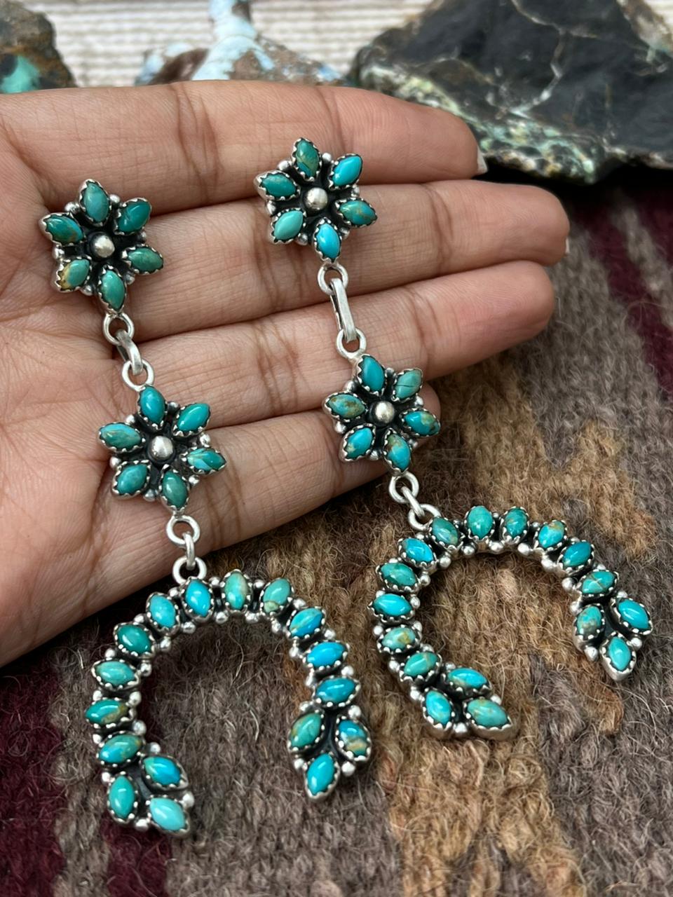 Handmade Sterling Silver Kingman Turquoise Post Dangle Earrings "Signed Nizhoni"