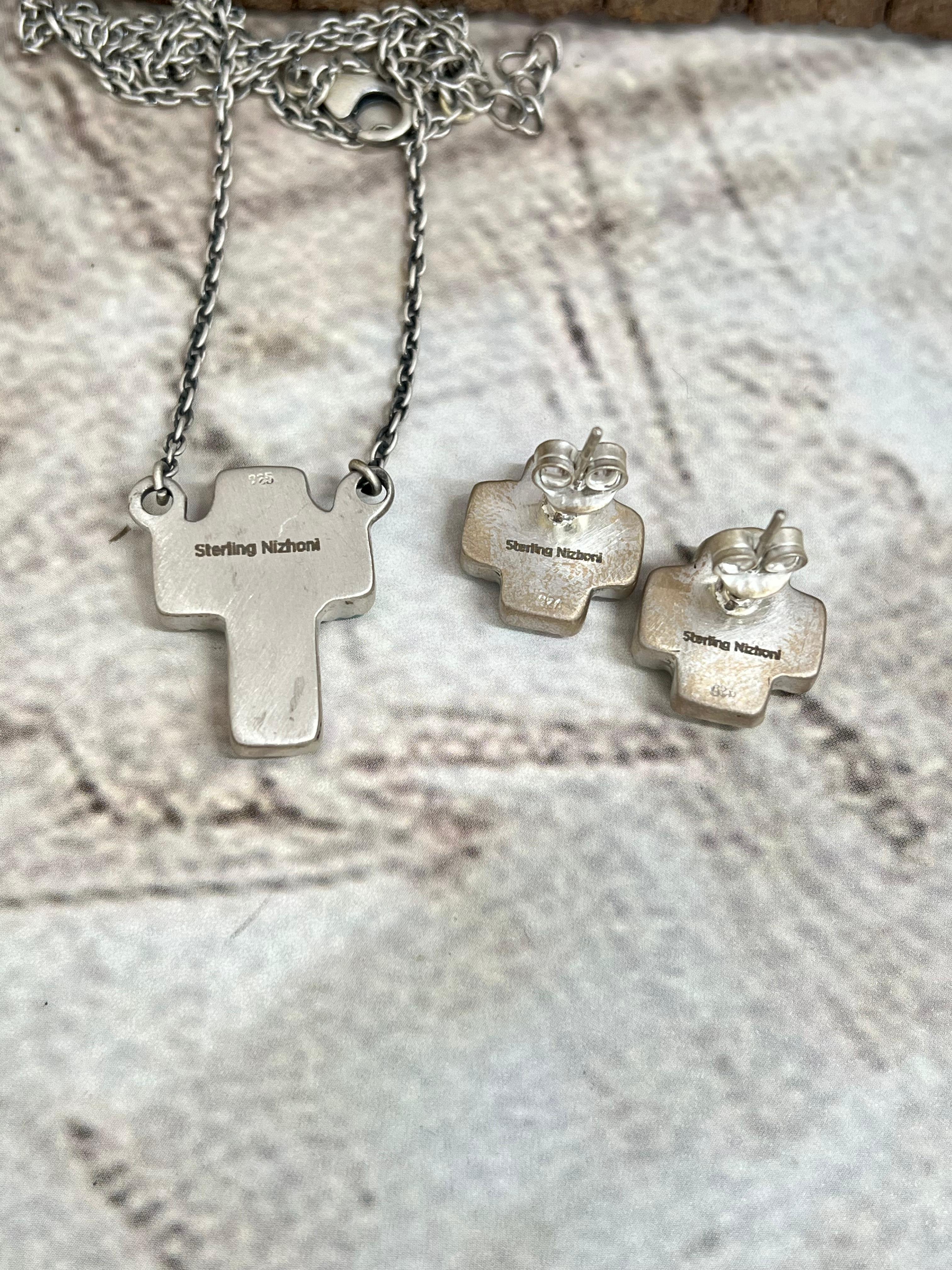 Handmade Sterling Silver Cotton Candy Turquoise Cross Necklace Earrings Set with Signed Nizhoni