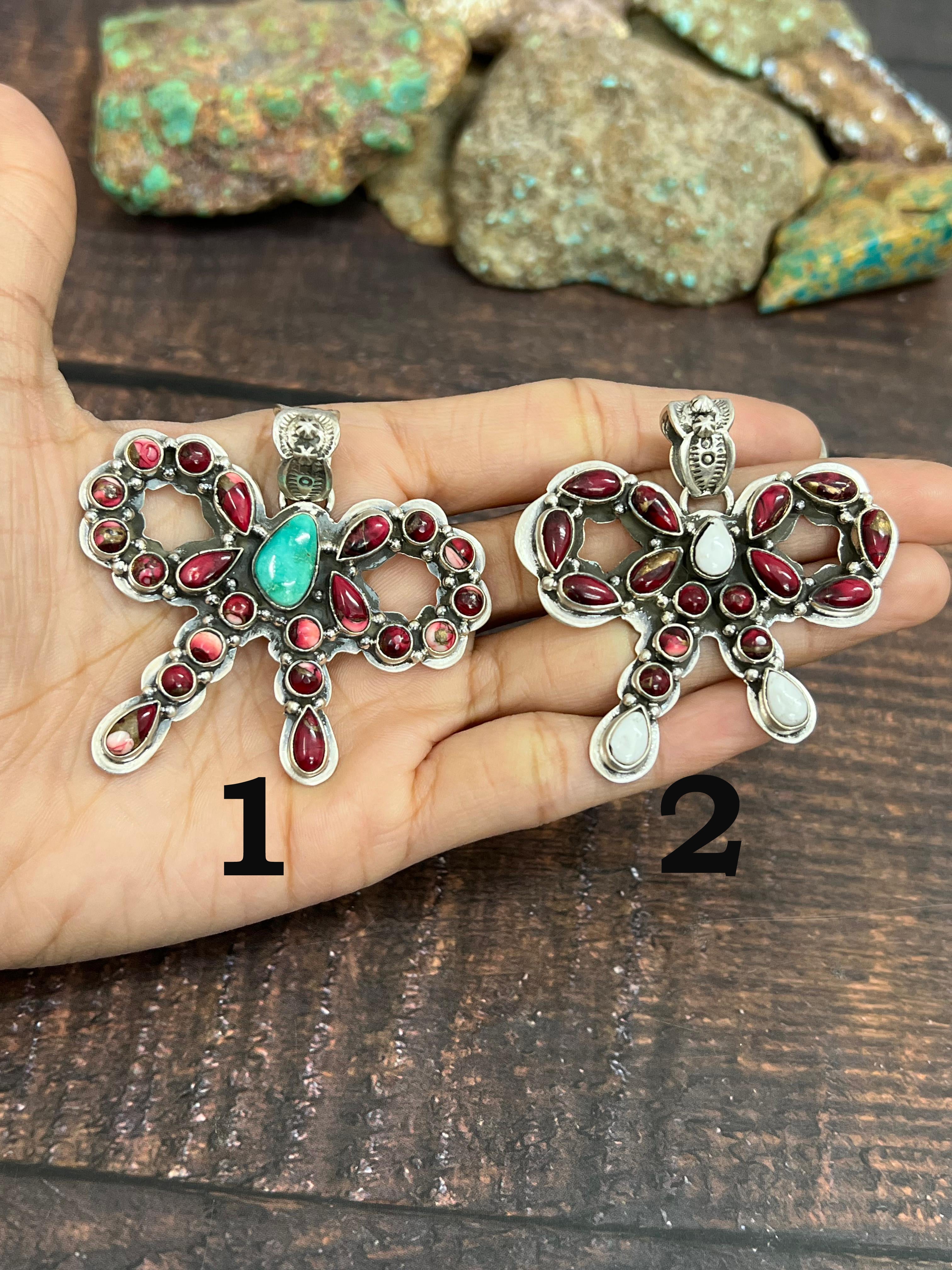 Handmade Sterling Silver Multi Stones Bow Pendant Signed Nizhoni