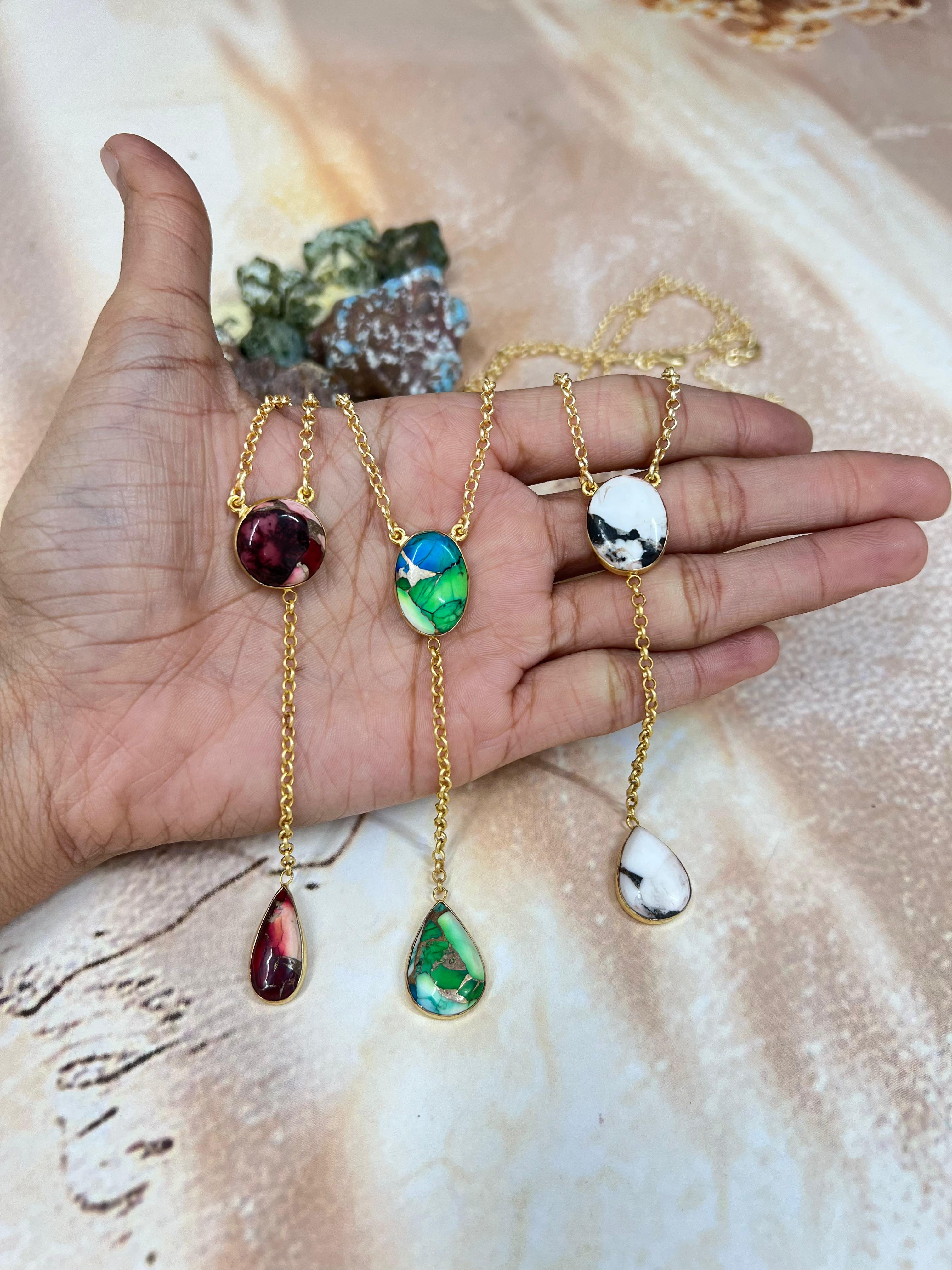 “The Golden Collection” Natural White Buffalo, Peacock Dahlia, Dahlia Rose Drop Necklace