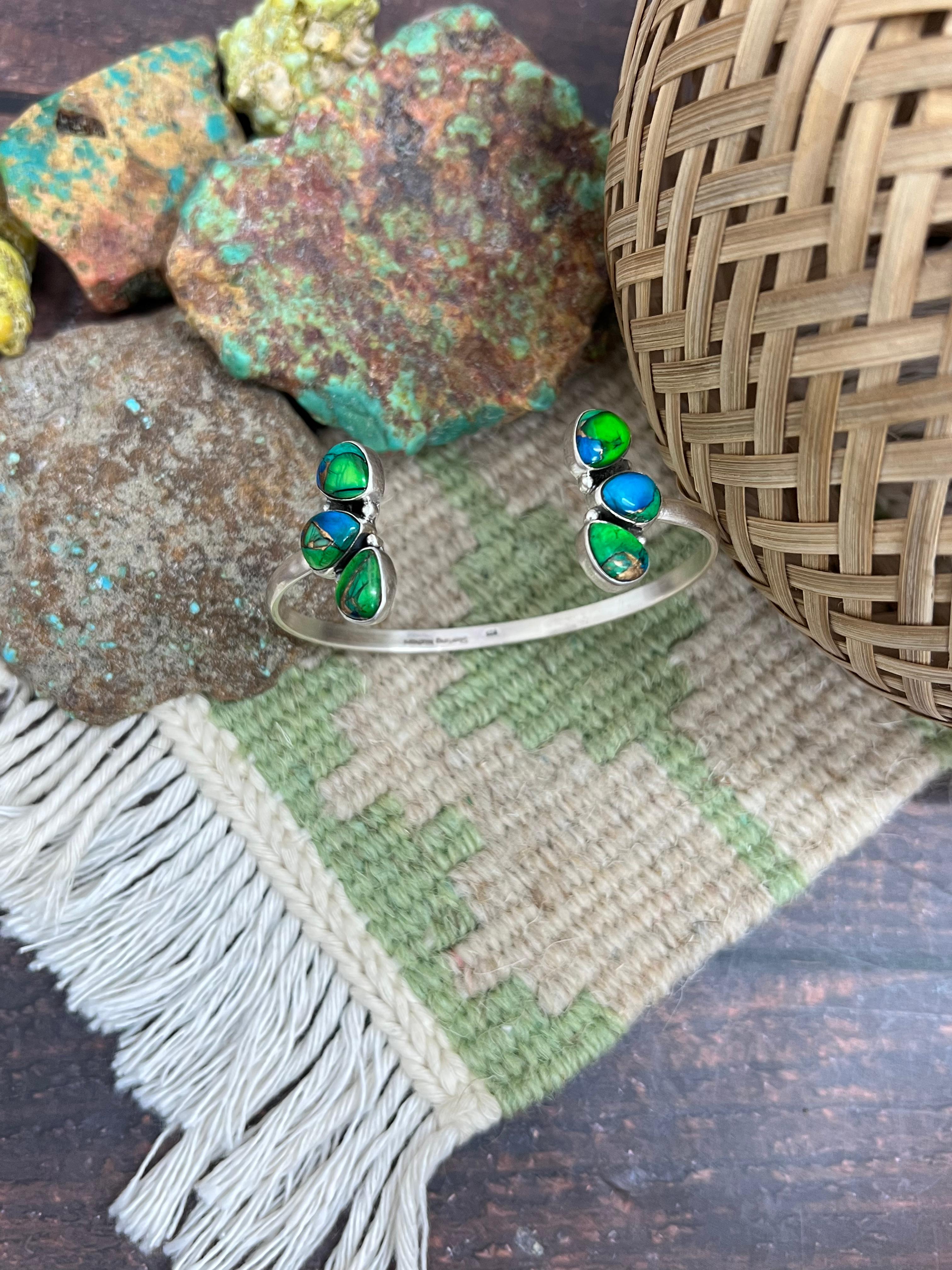 Handmade Sterling Silver Peacock Dahlia Cuff Bracelet with Signed Nizhoni