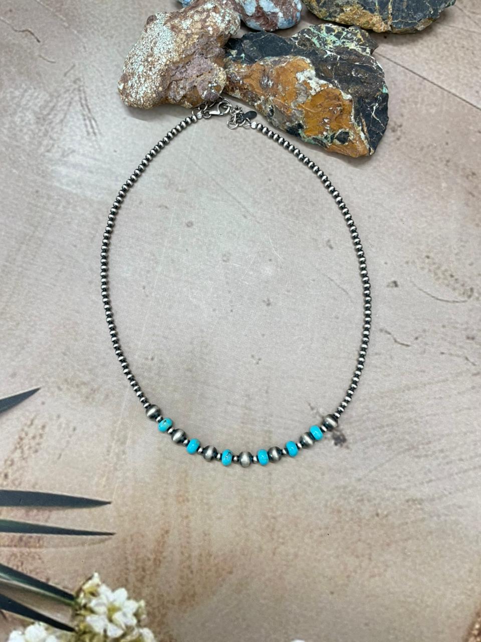 Handmade Sterling Silver Kingman Turquoise Beaded Necklace "Signed Nizhoni" (6)