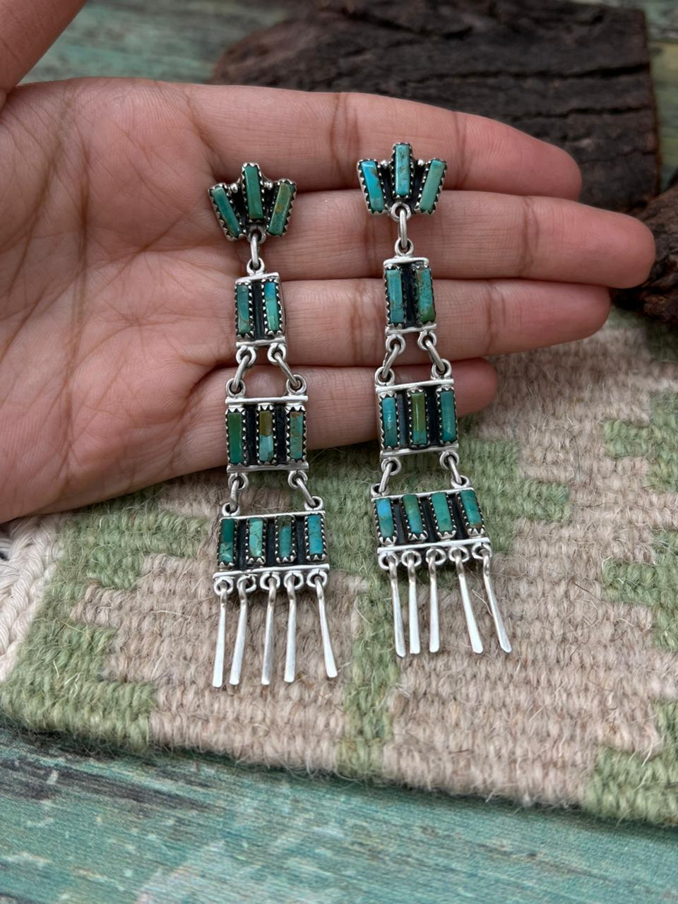 Handmade Sterling Silver Kingman Turquoise Post Dangle Earrings "Signed Nizhoni"