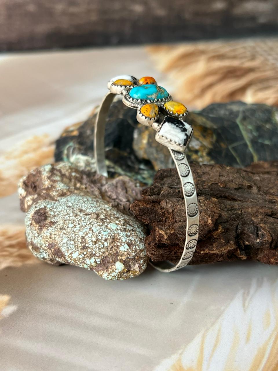 Handmade Sterling Silver Spring Collection: Bumblebee with Sonoran and White Buffalo Bracelet "Signed Nizhoni"
