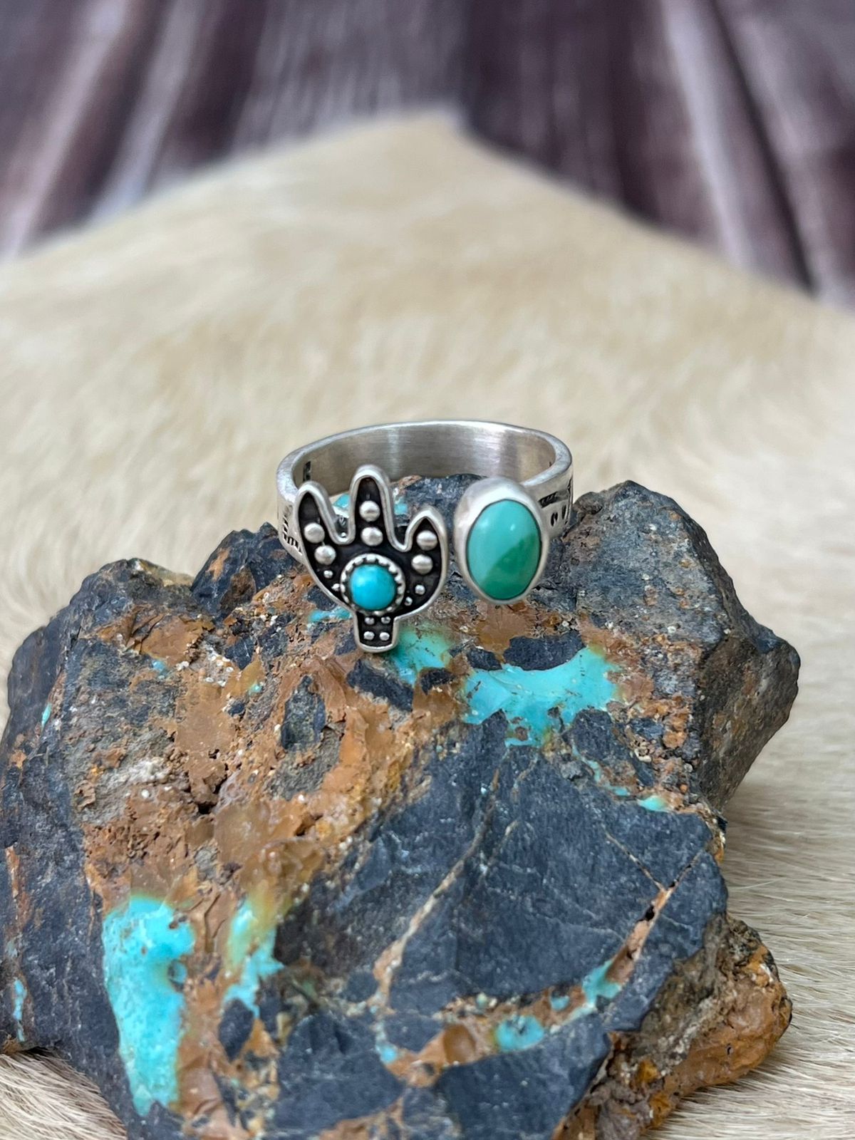 Handmade Sterling Silver Kingman Turquoise Adjustable Cactus Ring "Signed Nizhoni"
