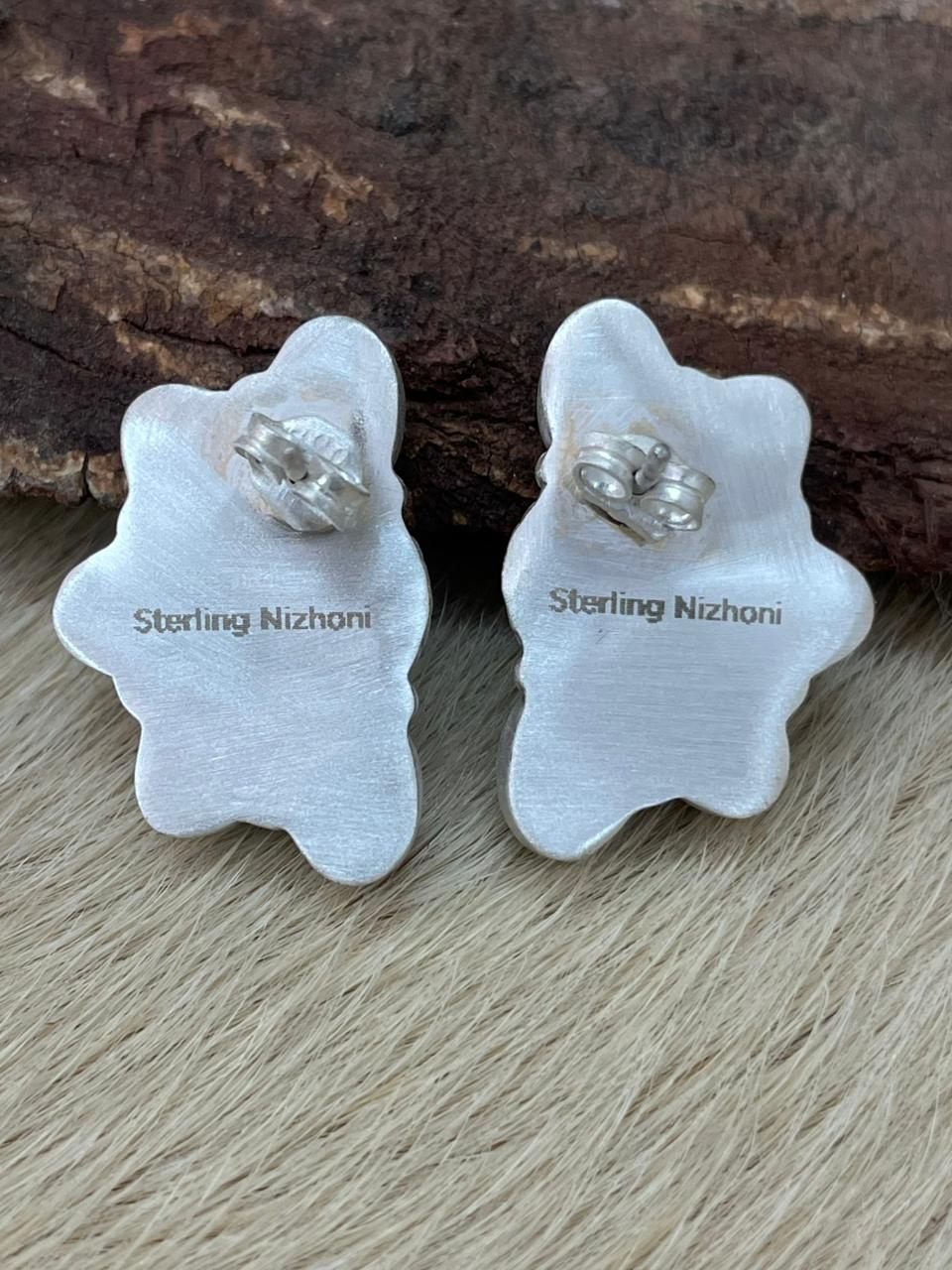 Handmade Sterling Silver White Buffalo Post Studs Earrings "Signed Nizhoni" (7)