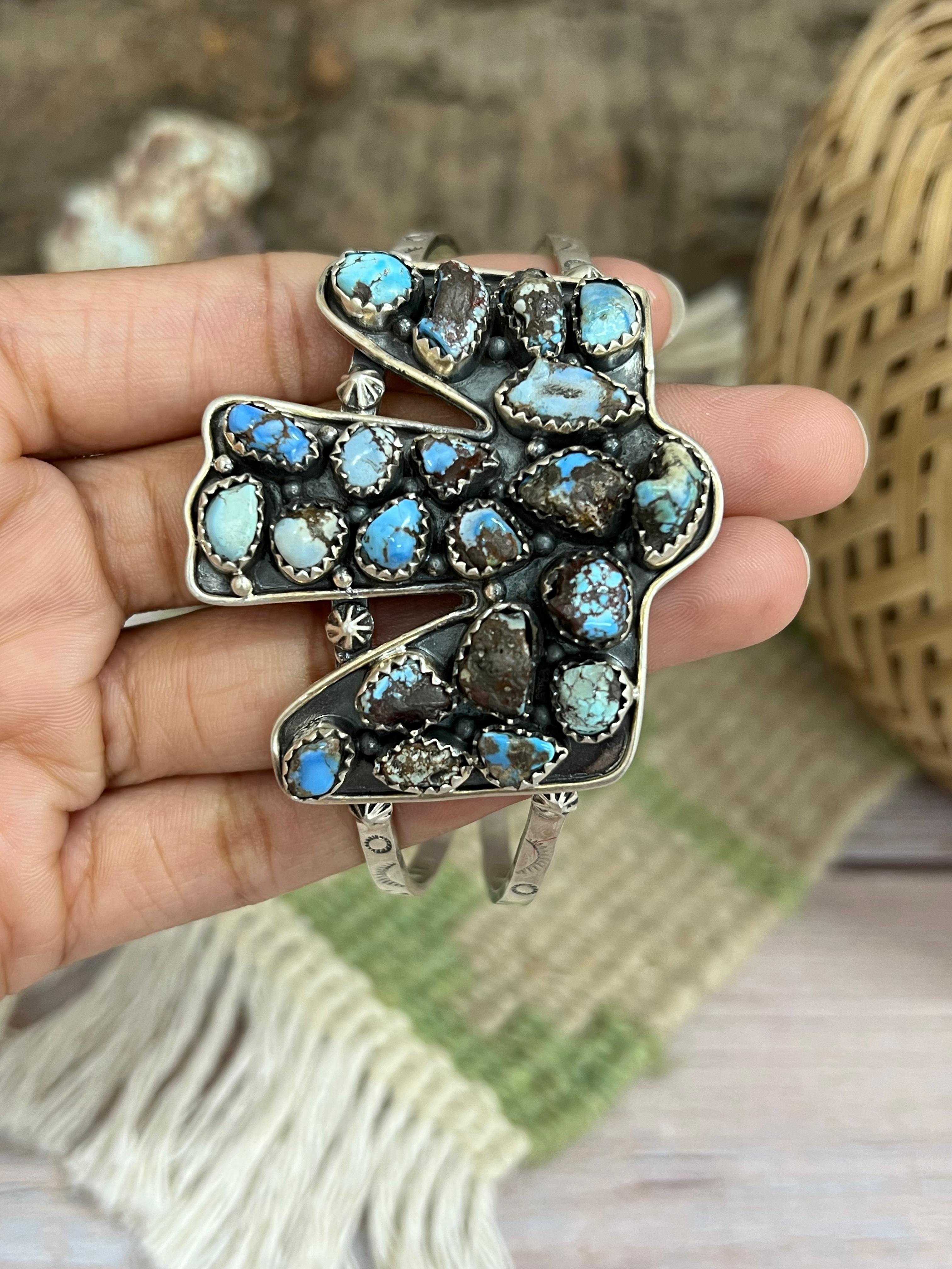 Handmade Sterling Silver Golden Hill, Sonoran Mountain Turquoise Thunder Bird Bracelet with Signed Nizhoni /