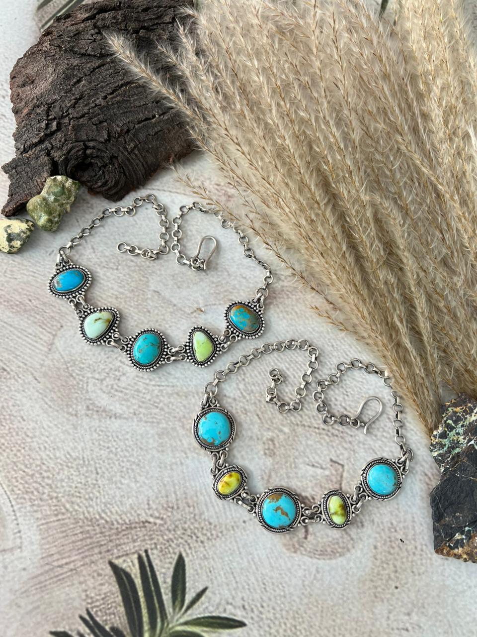 Handmade Sterling Silver Palomino with Blue Kingman Turquoise Necklace "Signed Nizhoni"