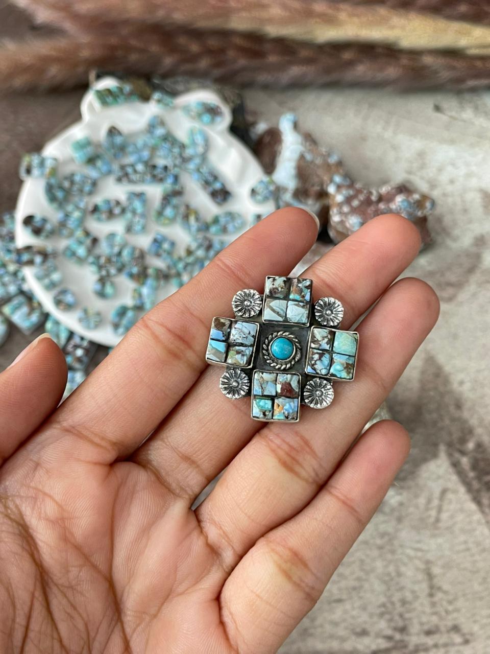 Handmade Sterling Silver 'Golden Hills Turquoise Cobble Collection' Adjustable Ring "Signed Nizhoni"