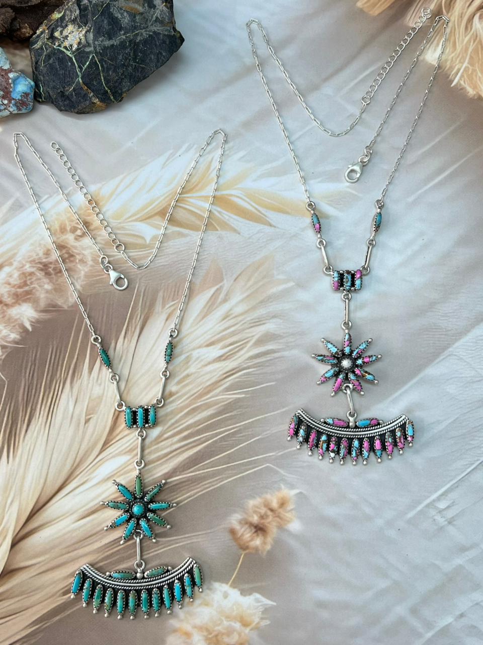 Handmade Sterling Silver Kingman Turquoise & Cotton Candy Necklace "Signed Nizhoni"