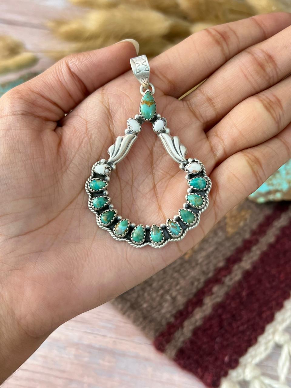 Handmade Sterling Silver Kingman Turquoise with Wildhorse Magnesite Pendant "Signed Nizhoni"