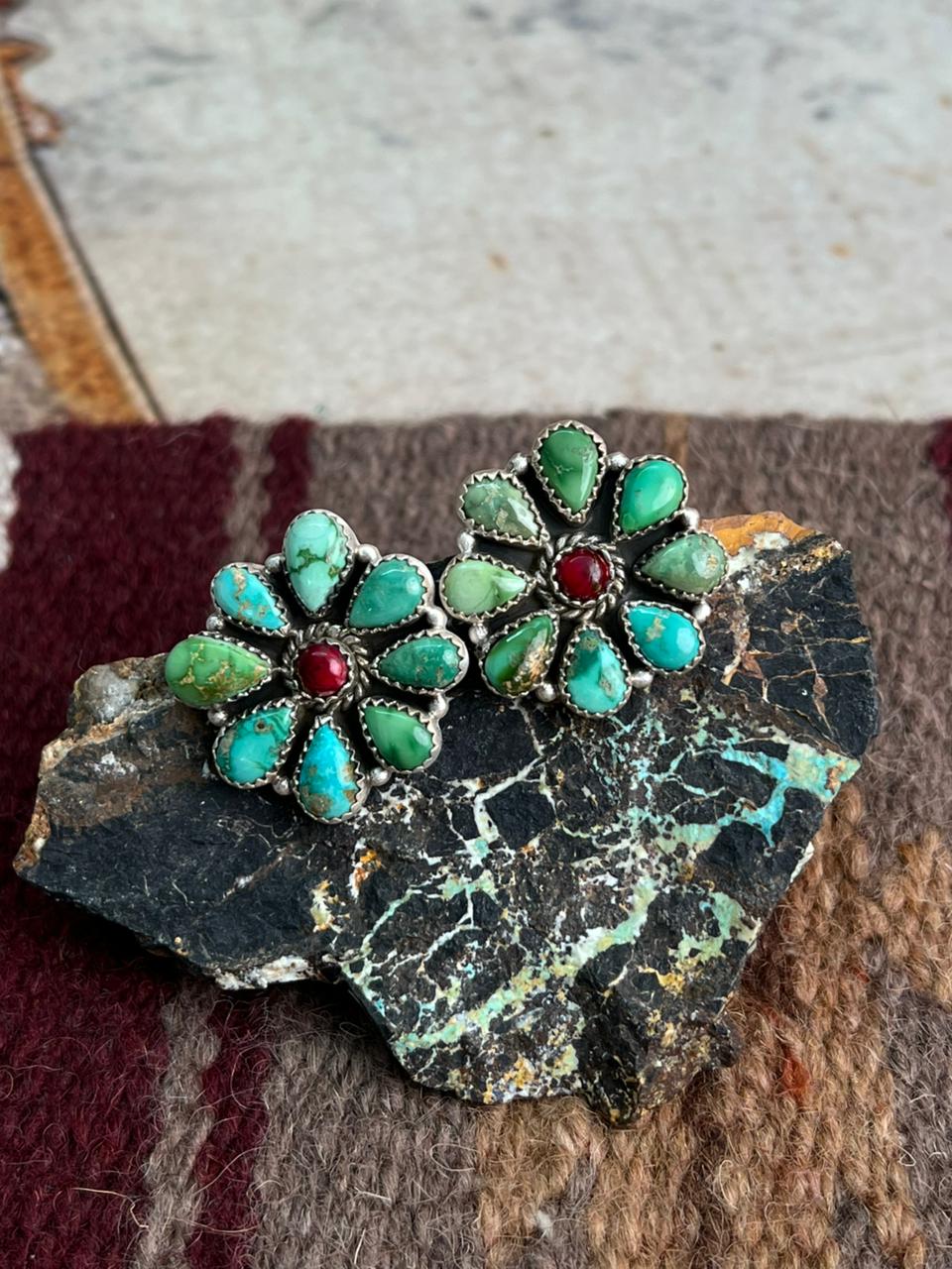 Handmade Sterling Silver Dahlia Rose with Emerald Valley Turquoise Post Earrings "Signed Nizhoni"