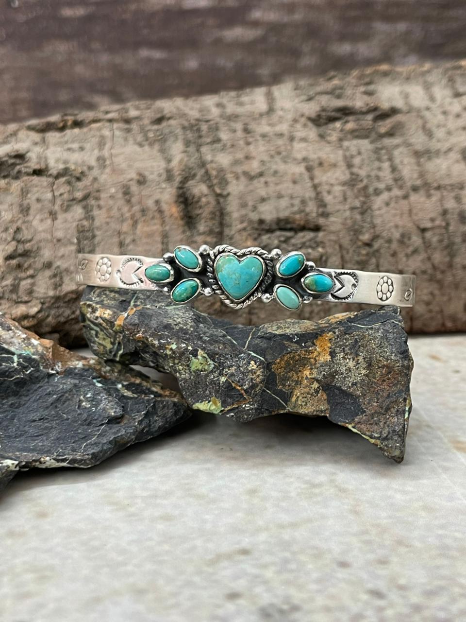 "Heart Collection" Handmade Sterling Silver Kingman Turquoise Bracelet "Signed Nizhoni"