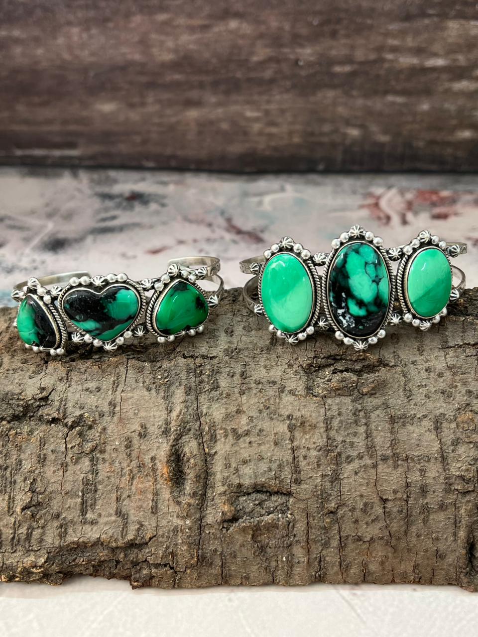 Handmade Sterling Silver Emerald Rose Cuff Bracelet "Signed Nizhoni"