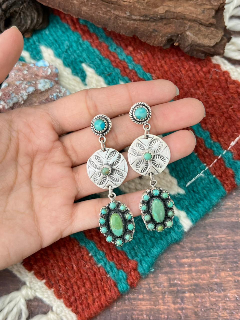 Handmade Sterling Silver Kingman Turquoise Post Dangle Earrings "Signed Nizhoni"