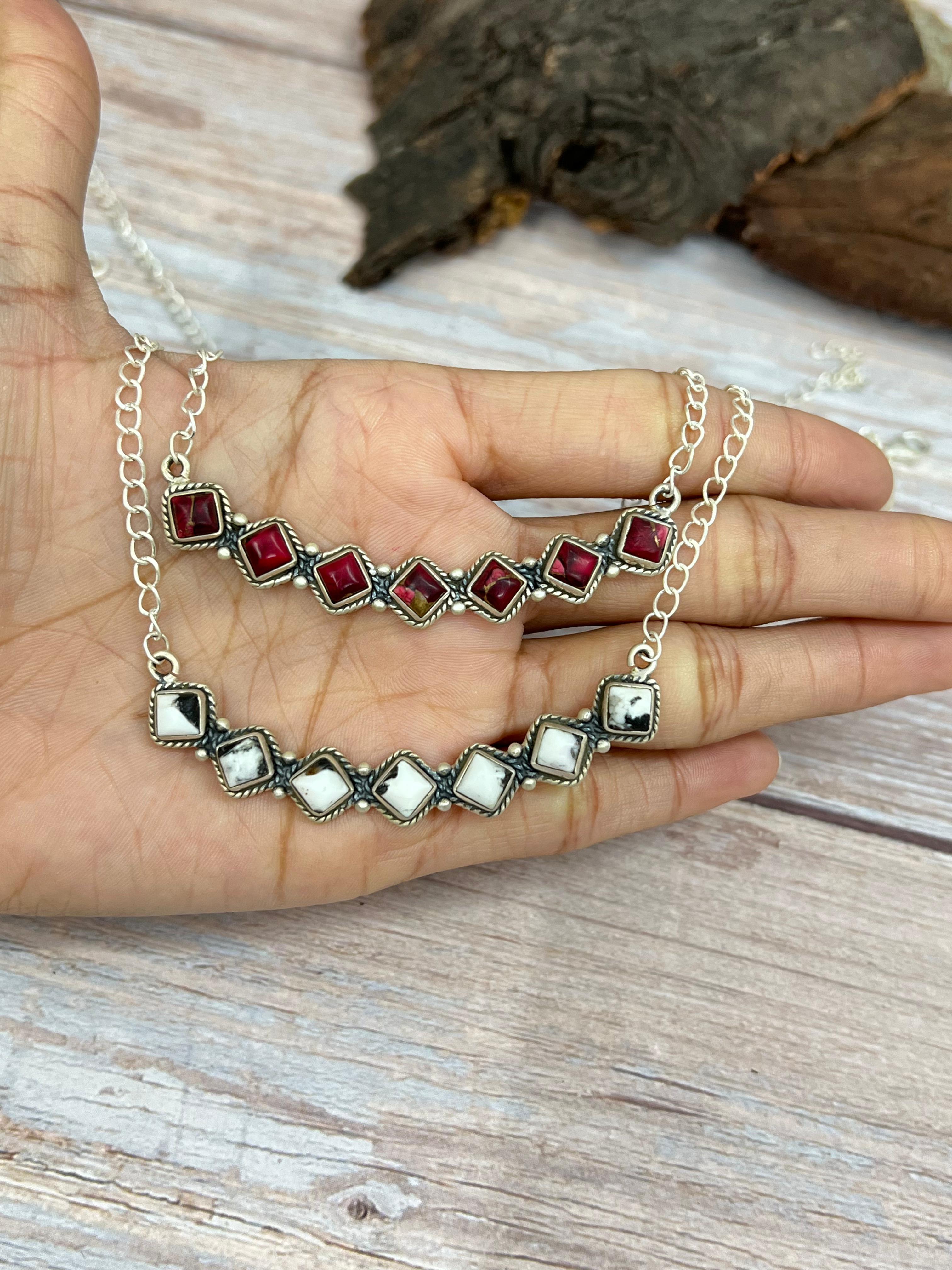 Handmade Sterling Silver White Buffalo, Dahlia Rose Necklace with Signed Nizhoni