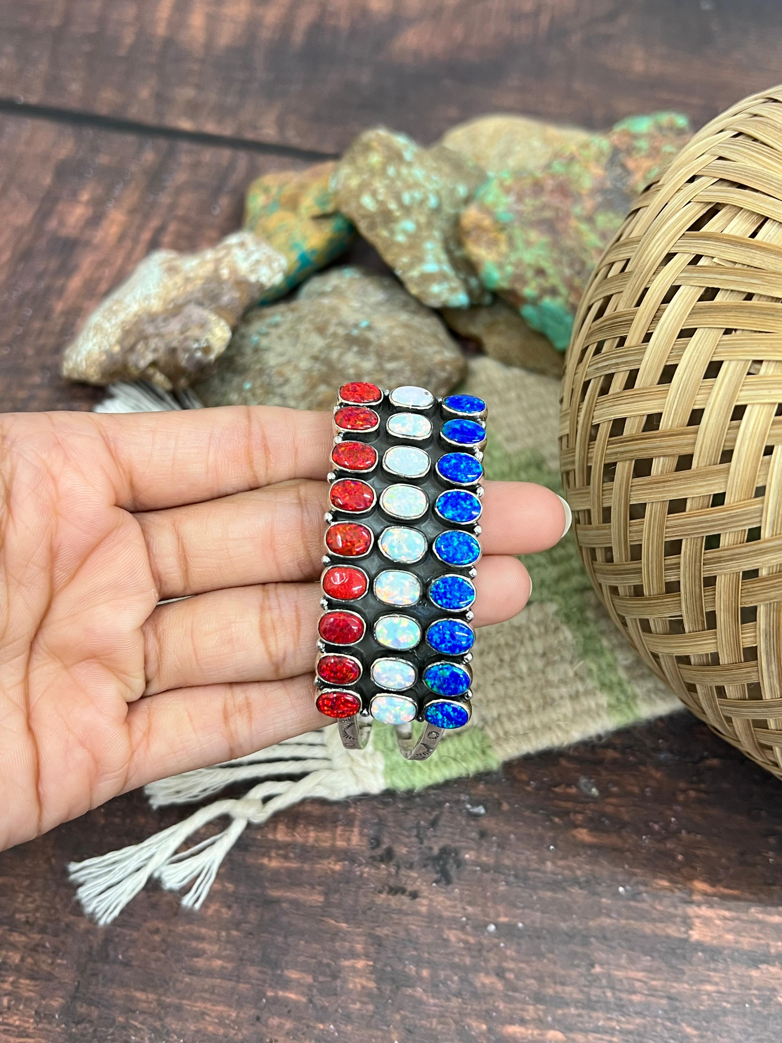** 4TH OF JULY ** Handmade Sterling Silver Synthetic Opal Cuff Bracelet with Signed Nizhoni