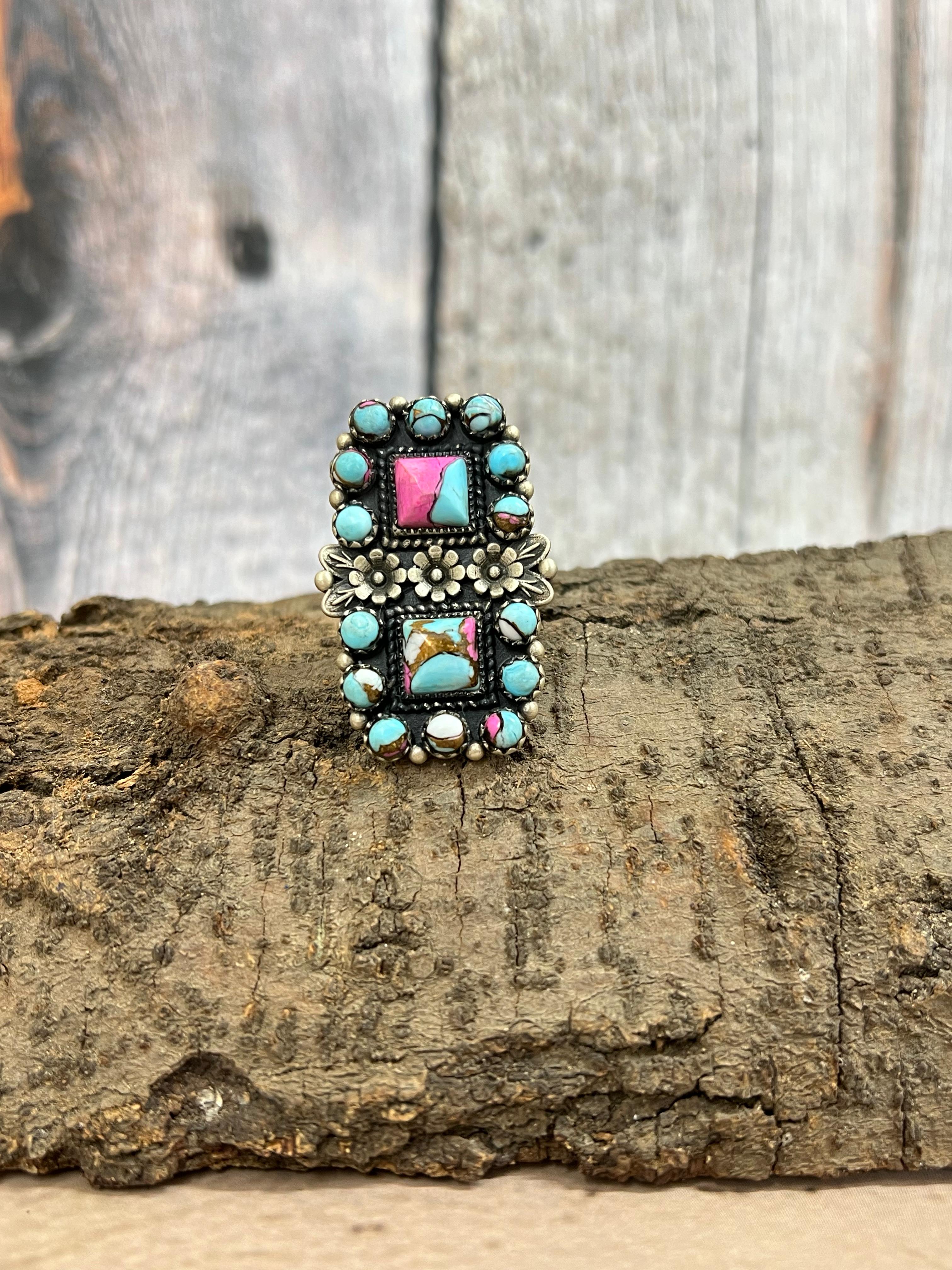 Handmade Sterling Silver Cotton Candy Turquoise Adjustable Rings with Signed Nizhoni