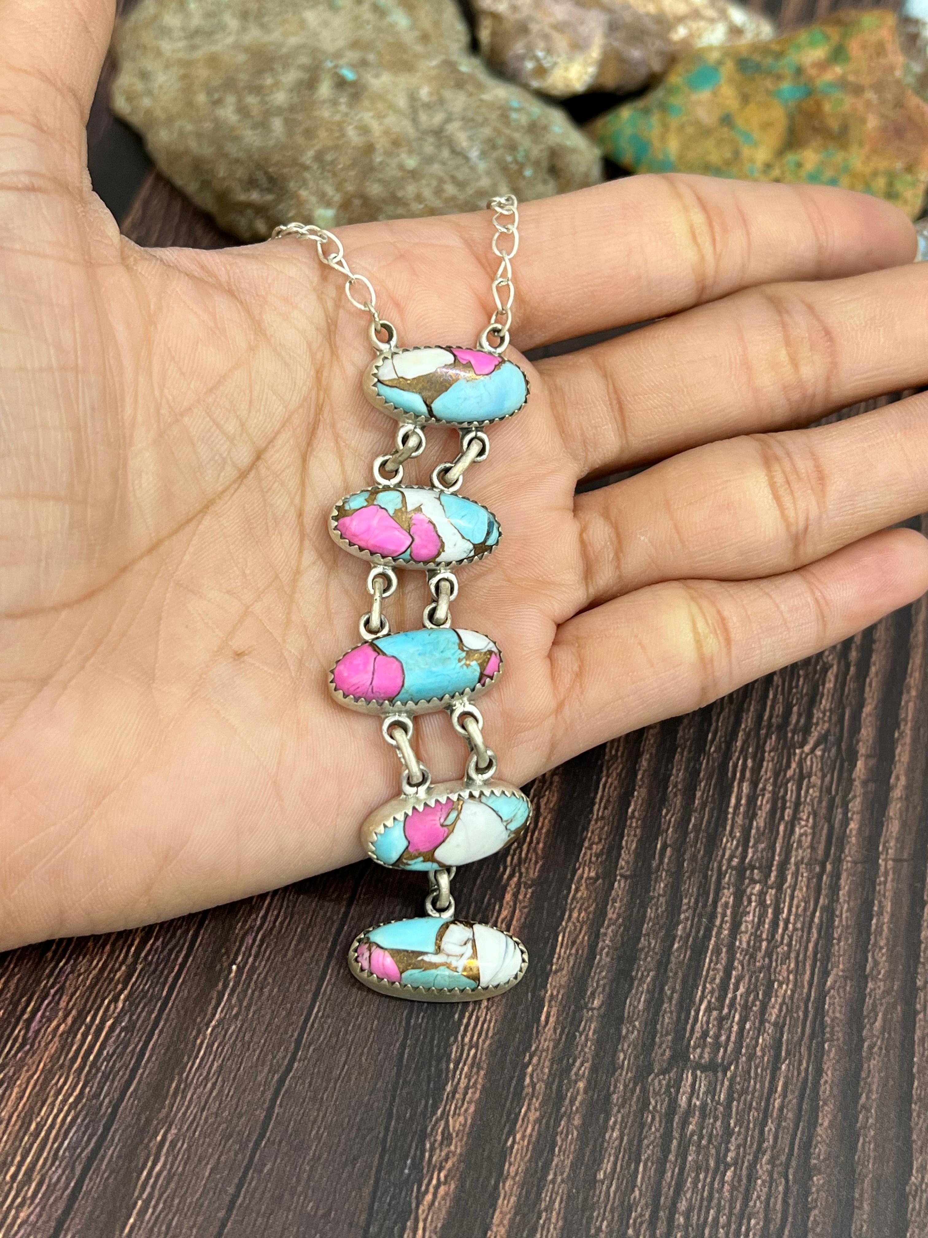 Handmade Sterling Silver Cotton Candy Turquoise Stairs Necklace with Signed Nizhoni (9)
