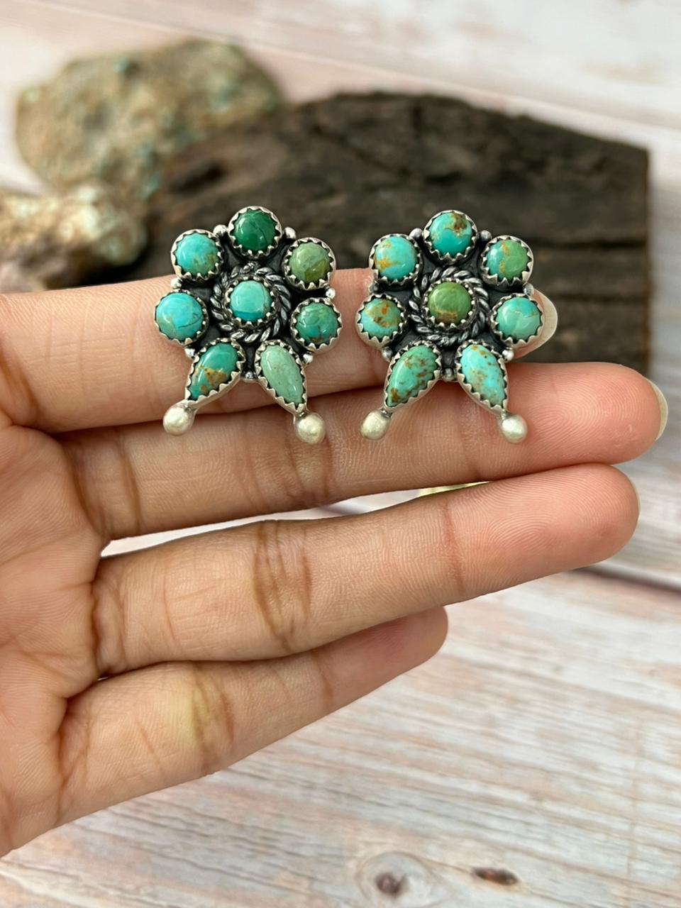 Handmade Sterling Silver Kingman Turquoise Post Studs with Signed Nizhoni