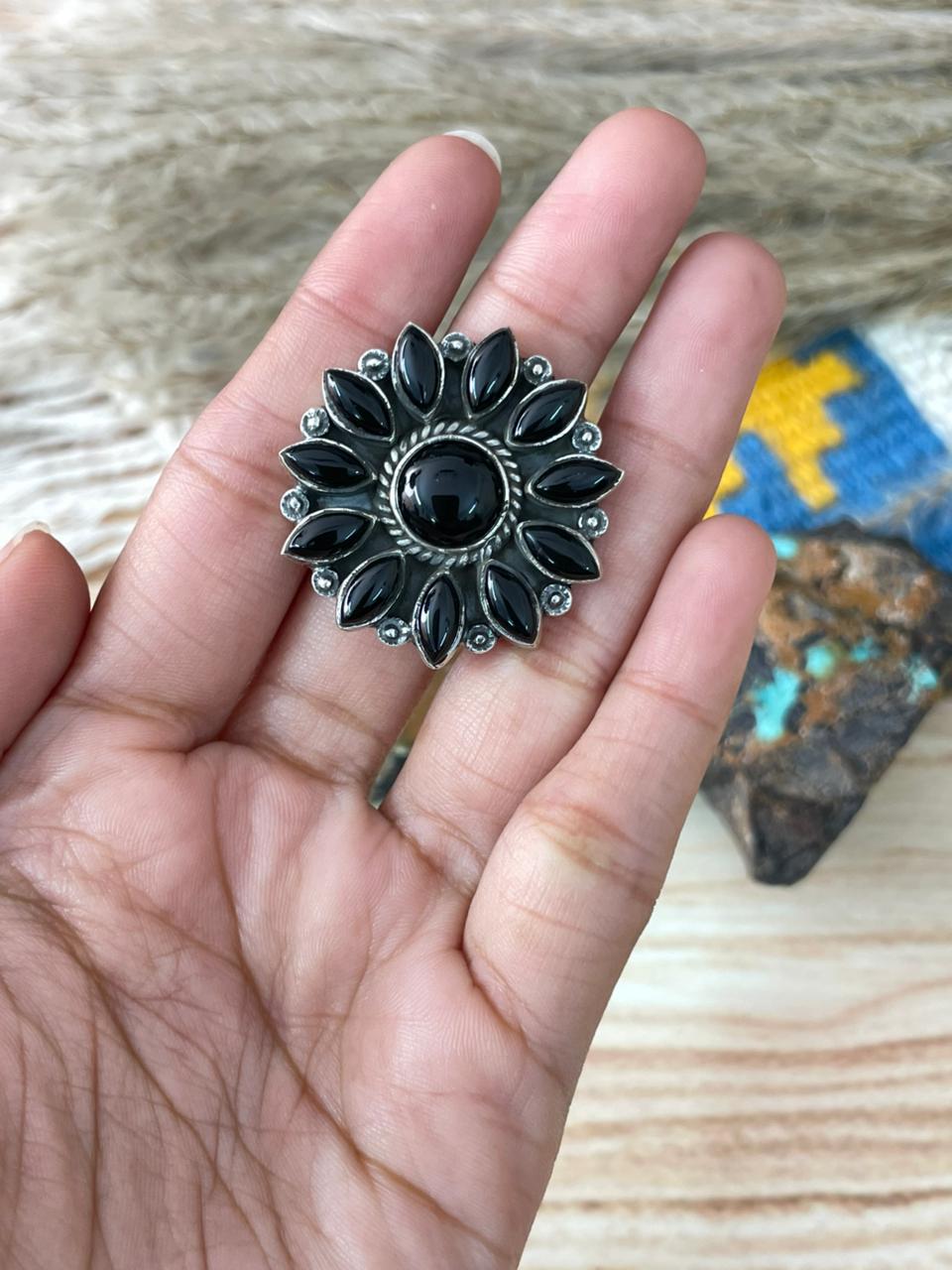 Handmade Sterling Silver Black Onyx Adjustable Ring "Signed Nizhoni"