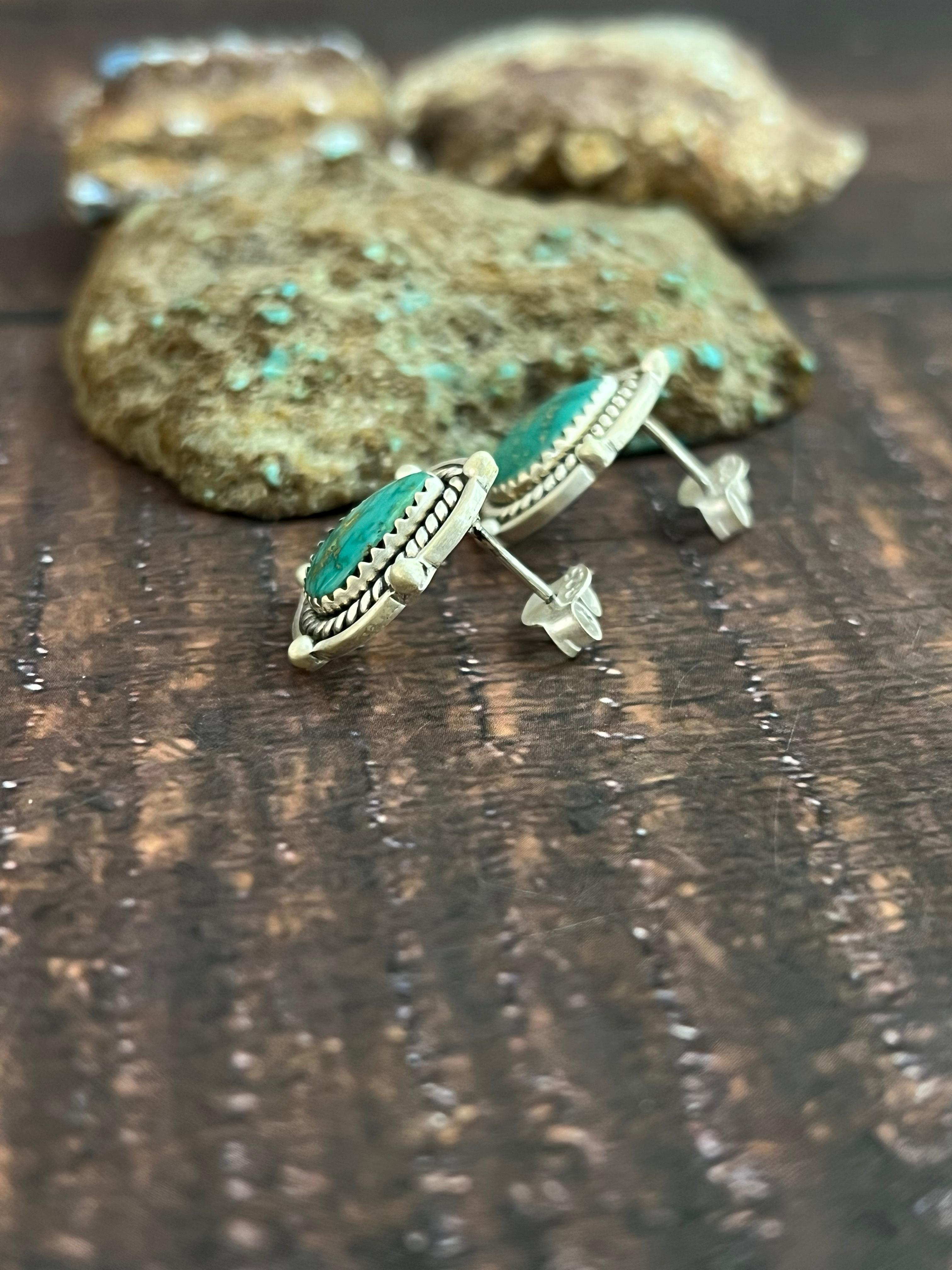 Handmade Sterling Silver Emerald Valley Post Studs with Signed Nizhoni