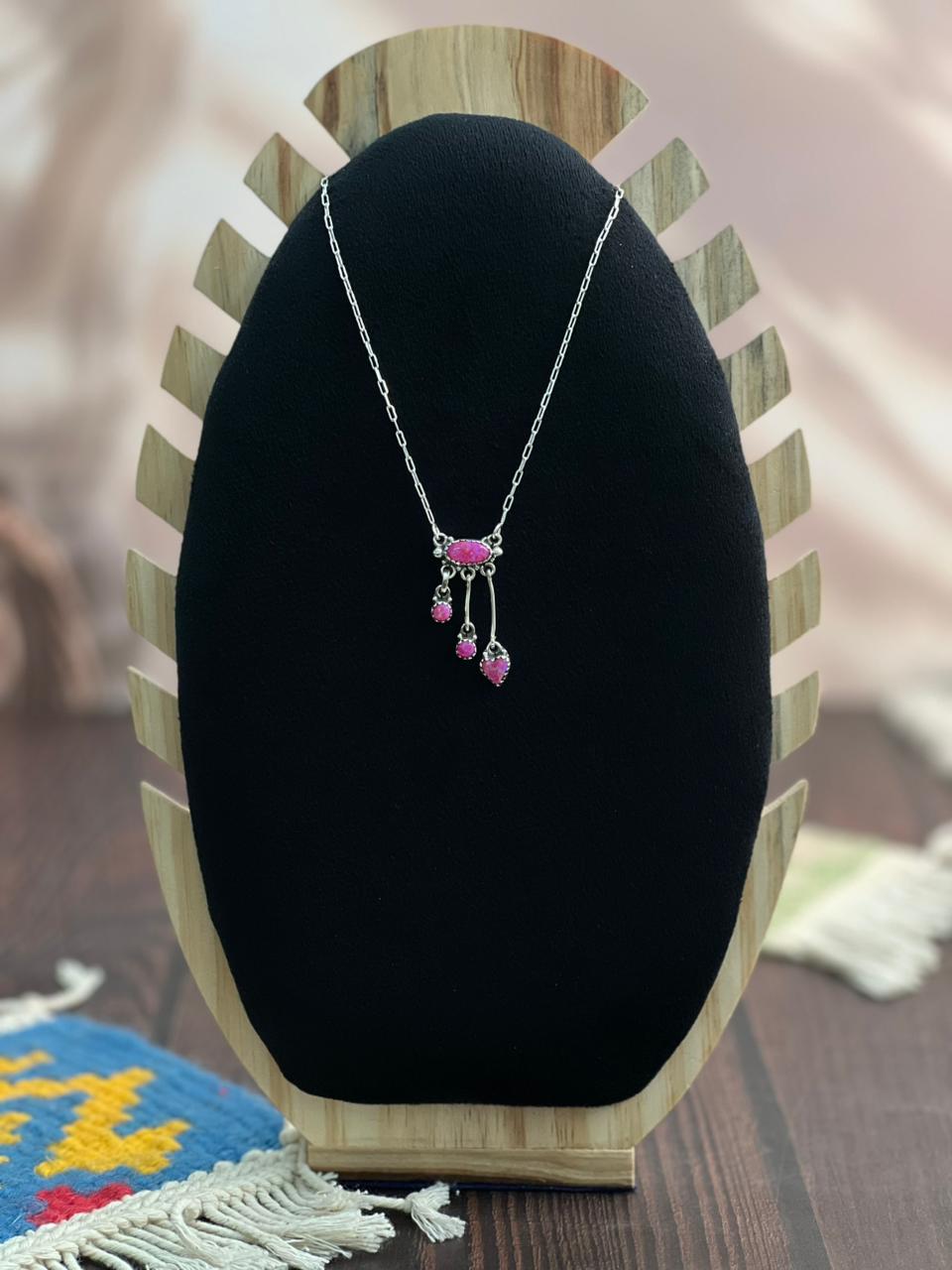 "Heart Collection" Handmade Sterling Silver Hot Pink Necklace "Signed Nizhoni"