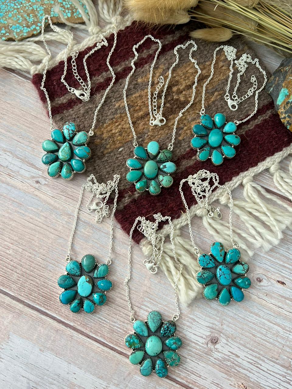 Handmade Sterling Silver Sonoran Tibetan Turquoise Cluster Necklace "Signed Nizhoni"