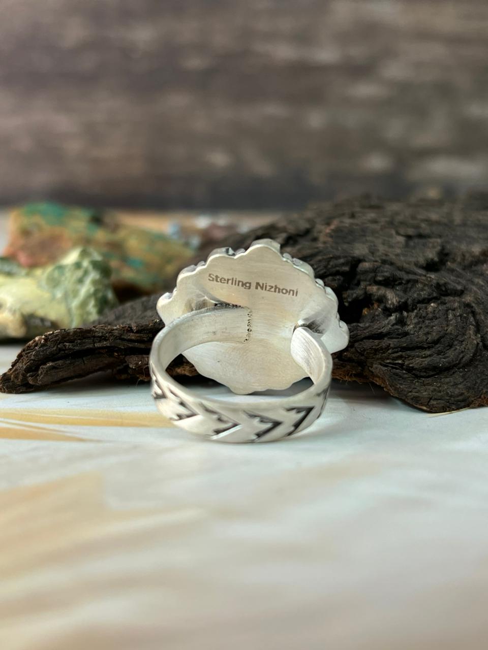 Handmade Sterling Silver Blue Turquoise Adjustable Ring "Signed Nizhoni"