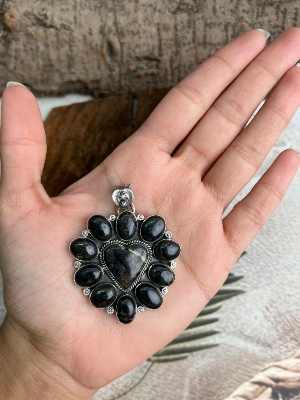 Handmade Sterling Silver Blackjack Turquoise Pendant "Signed Nizhoni"