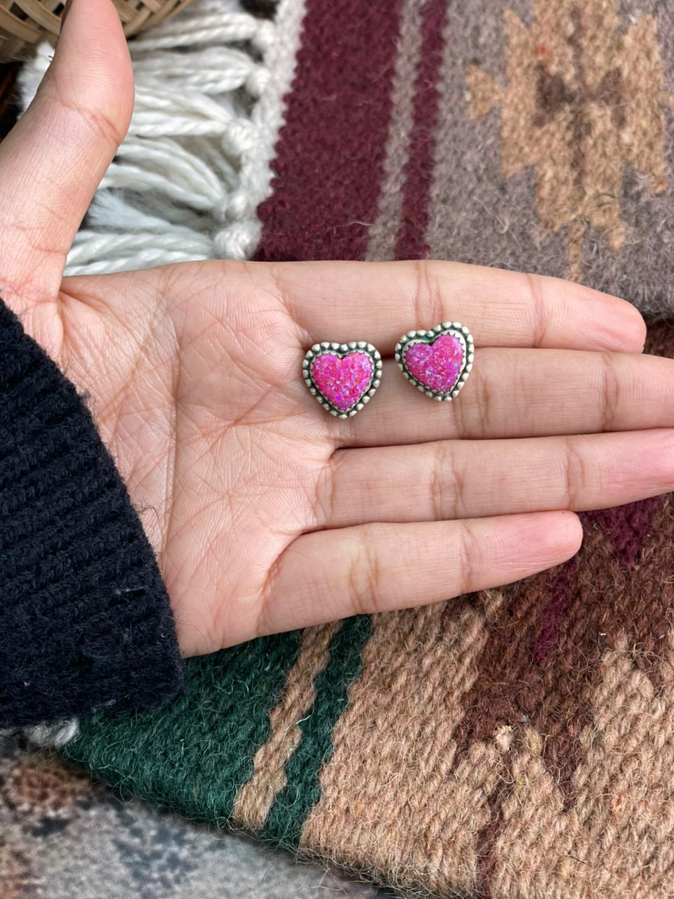Handmade Sterling Silver Hot Pink Heart Shape Post Studs Earrings "Signed Nizhoni"