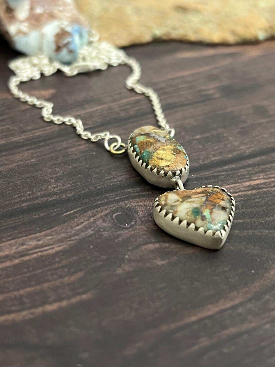 Handmade Sterling Silver Royston Turquoise Heart Necklace with Signed Nizhoni