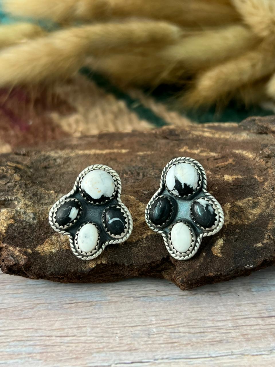 Handmade Sterling Silver White Buffalo Post Stud Earrings "Signed Nizhoni"