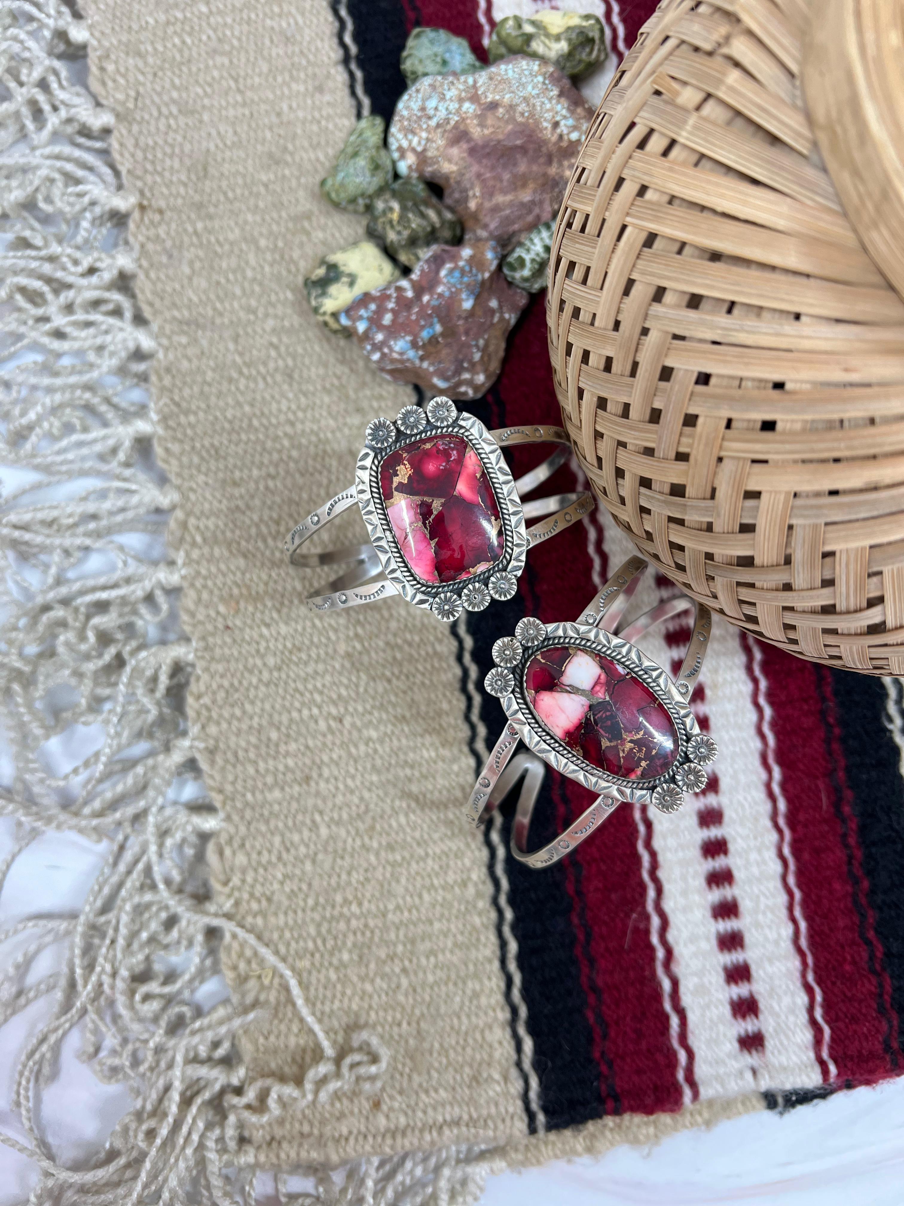 Handmade Sterling Silver Dahlia Rose Cuff Bracelet with Signed Nizhoni