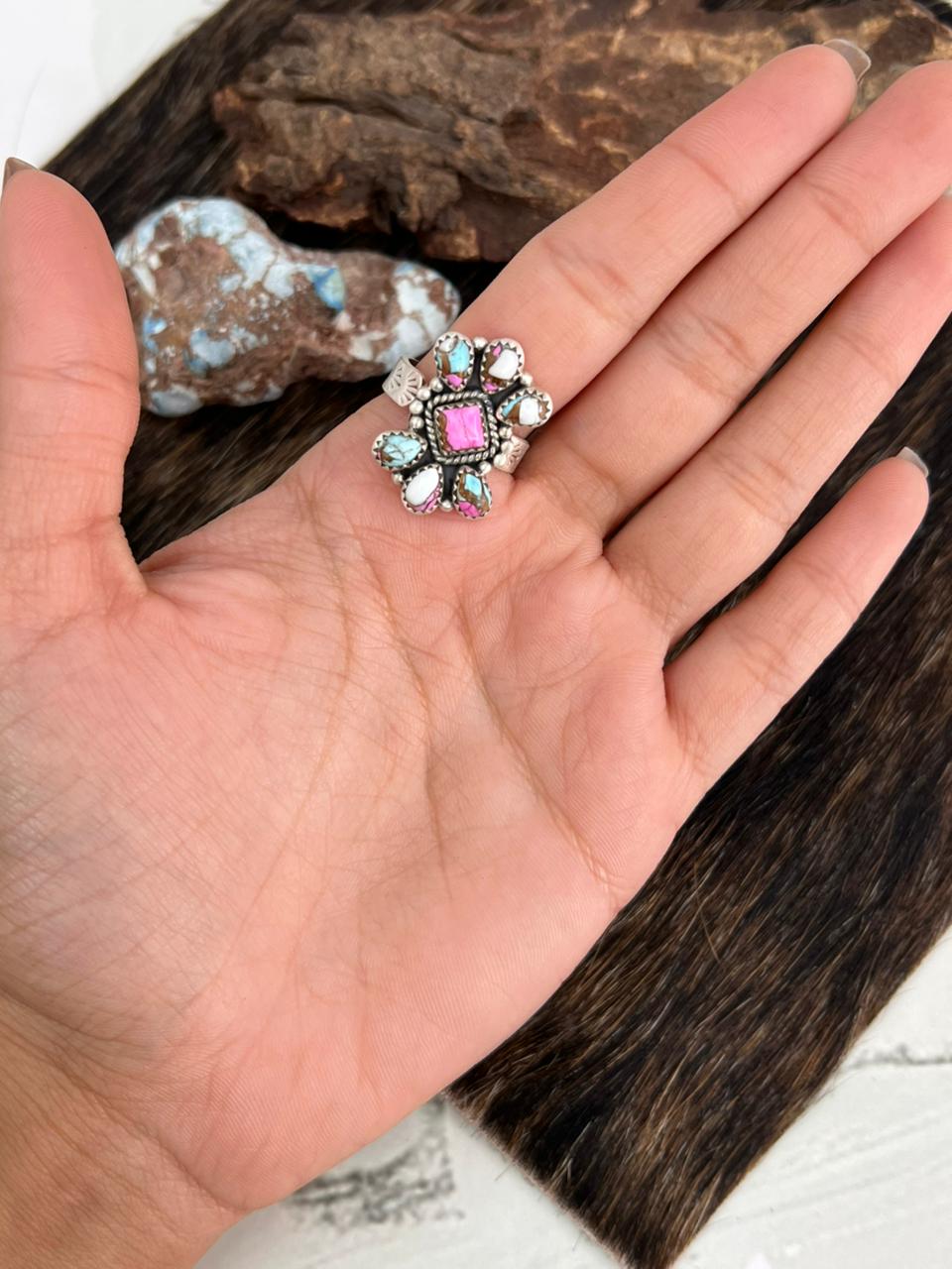 Handmade Sterling Silver Cotton Candy Turquoise Adjustable Ring "Signed Nizhoni"