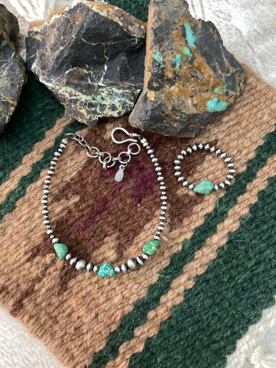 Handmade Sterling Silver Beaded Emerald Valley Bracelet Ring Set