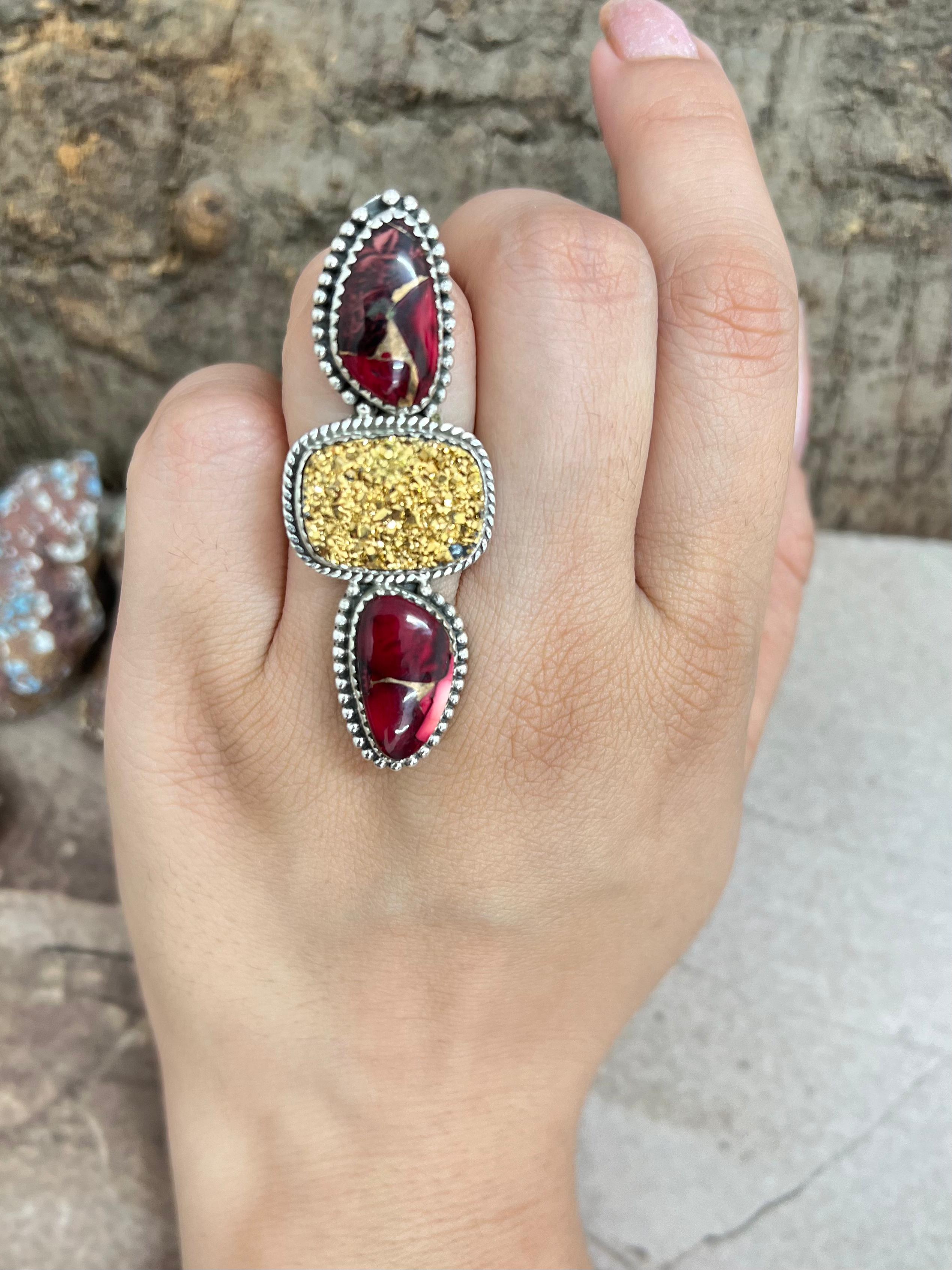 Handmade Sterling Silver Dahlia Rose with Druzy Adjustable Ring with Signed Nizhoni