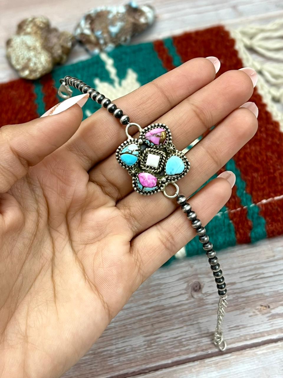 Handmade Sterling Silver Cotton Candy Beaded Chain Bracelet "Signed Nizhoni"