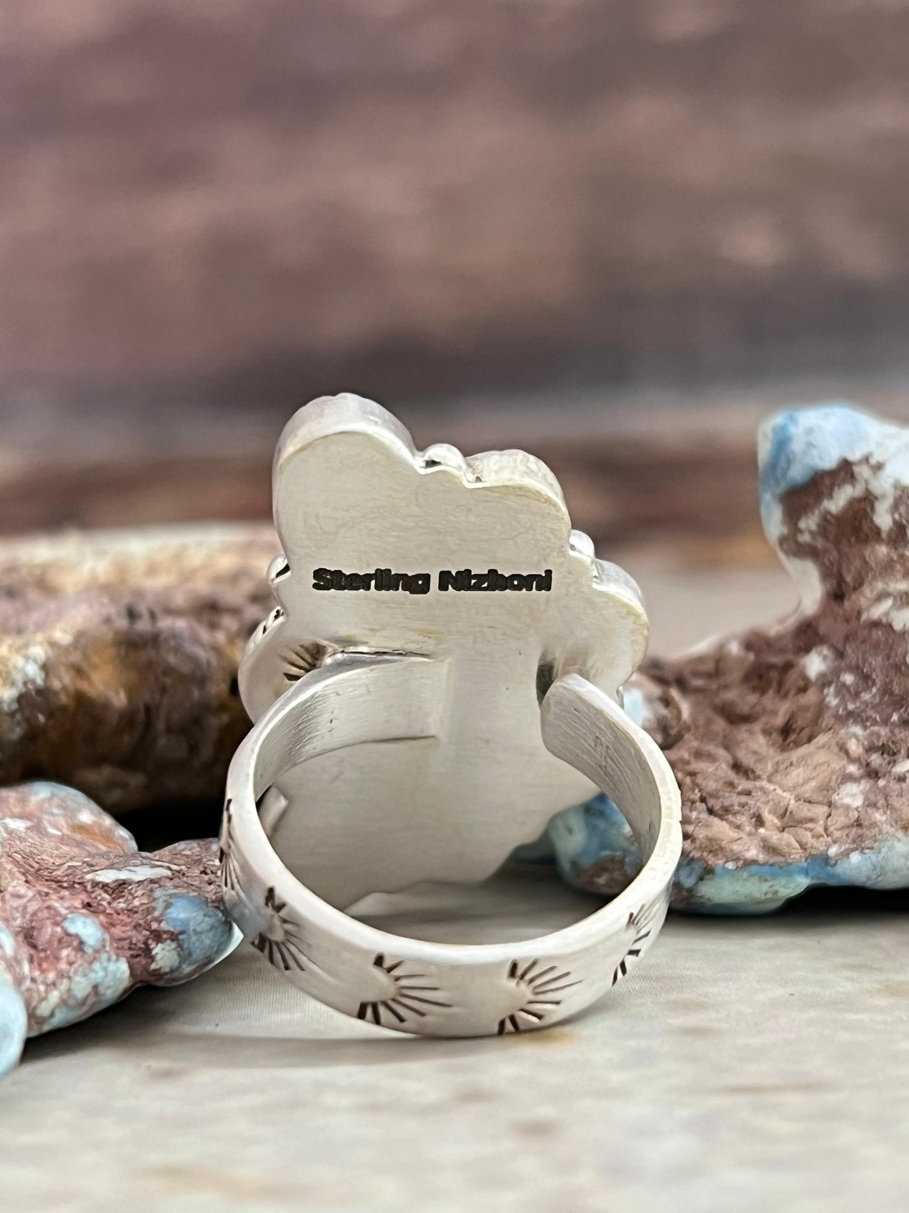 Handmade Sterling Silver Sonoran Mountain Turquoise with Palomino Turquoise Adjustable Ring, Signed Nizhoni (5)