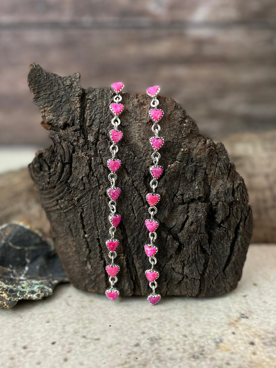 "Heart Collection" Handmade Sterling Silver Hot Pink Post Dangle  Earrings "Signed Nizhoni"