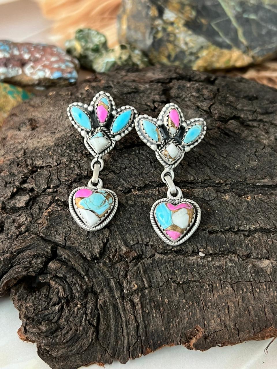 Handmade Sterling Silver Cotton Candy Post Heart Dangle Earrings "Signed Nizhoni"