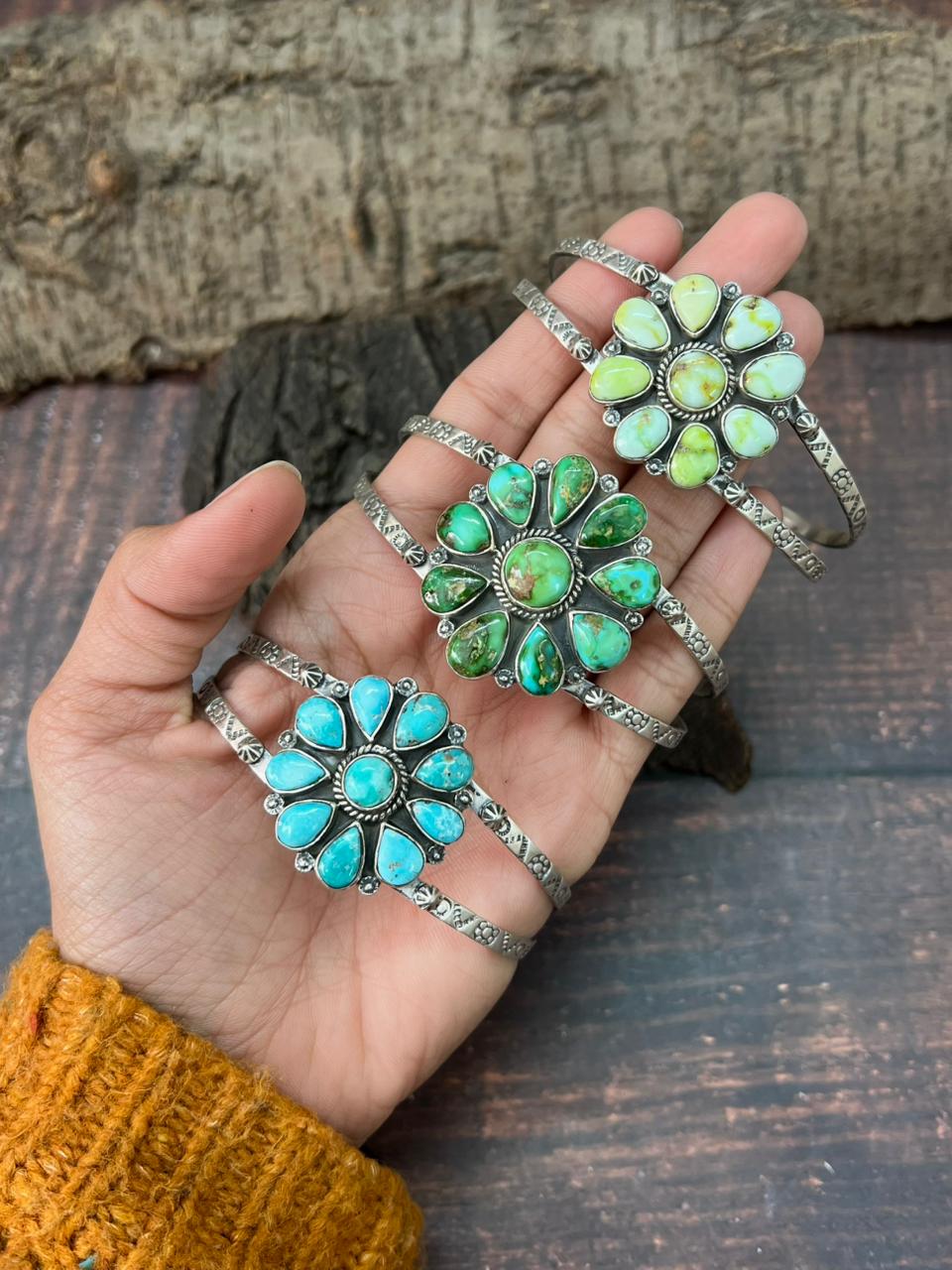 Handmade Sterling Silver Sonoran, White Water, Palomino Turquoise Cuff Bracelet "Signed Nizhoni"