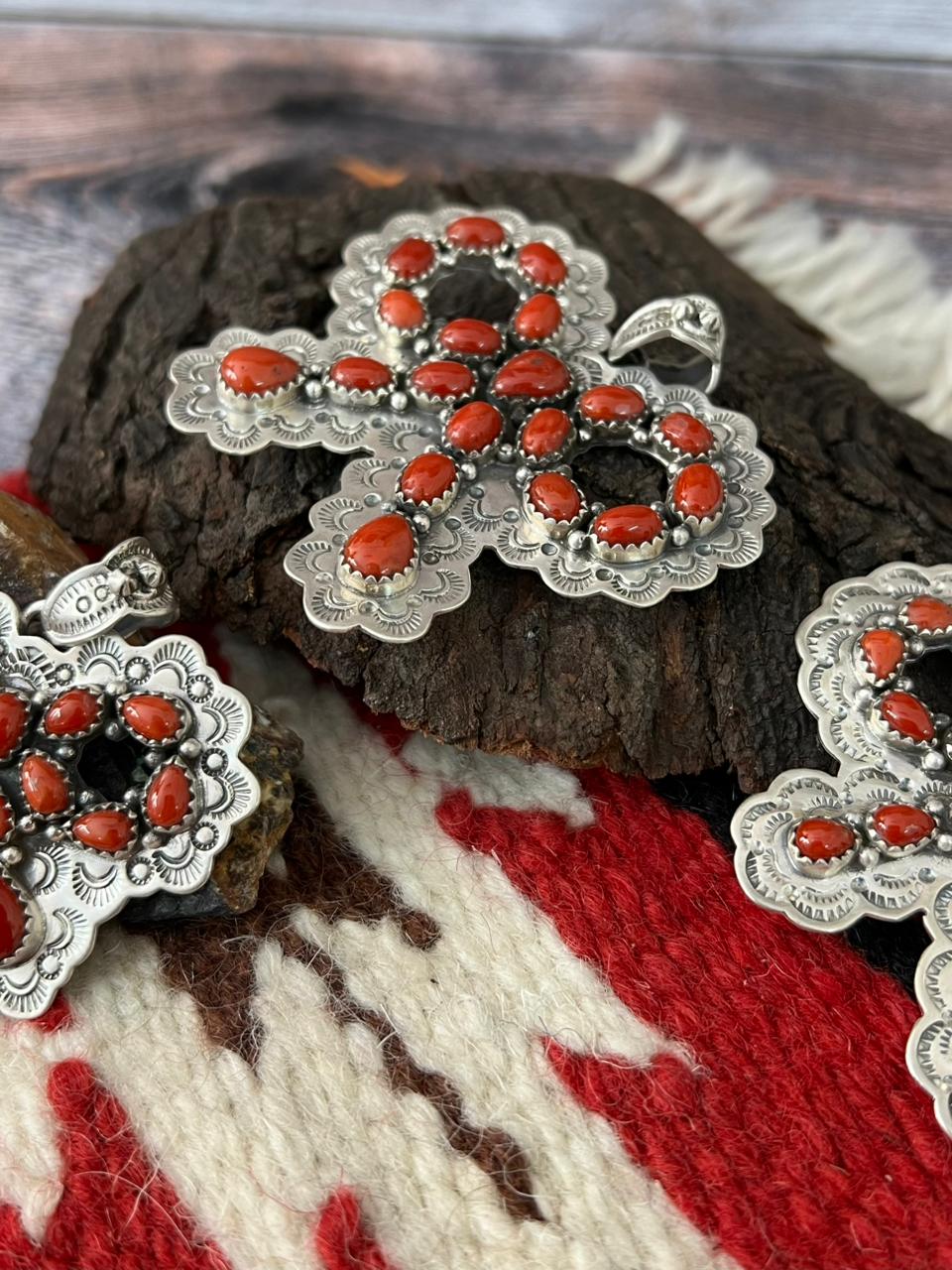 "Christmas Collection" Handmade Sterling Silver Coral Pendant "Signed Nizhoni"