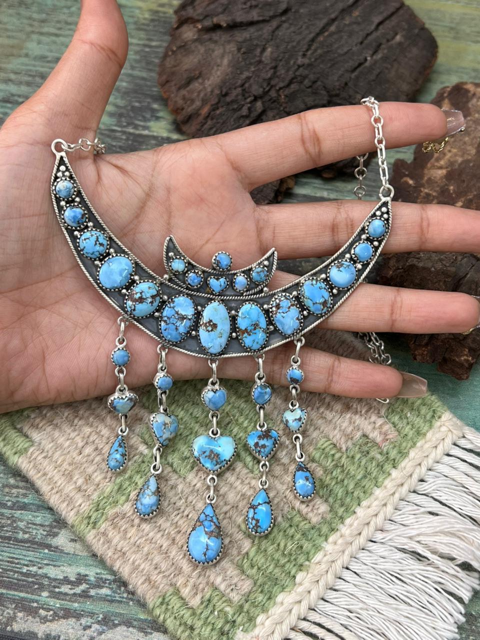 Handmade Sterling Silver Golden Hills Turquoise Choker Moon Necklace "Signed Nizhoni"