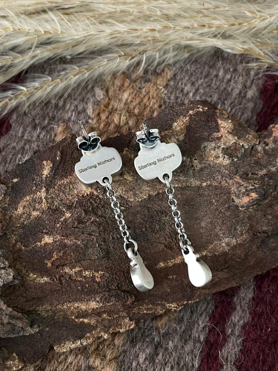 Handmade Sterling Silver Black Onyx Post Dangle Earrings "Signed Nizhoni"