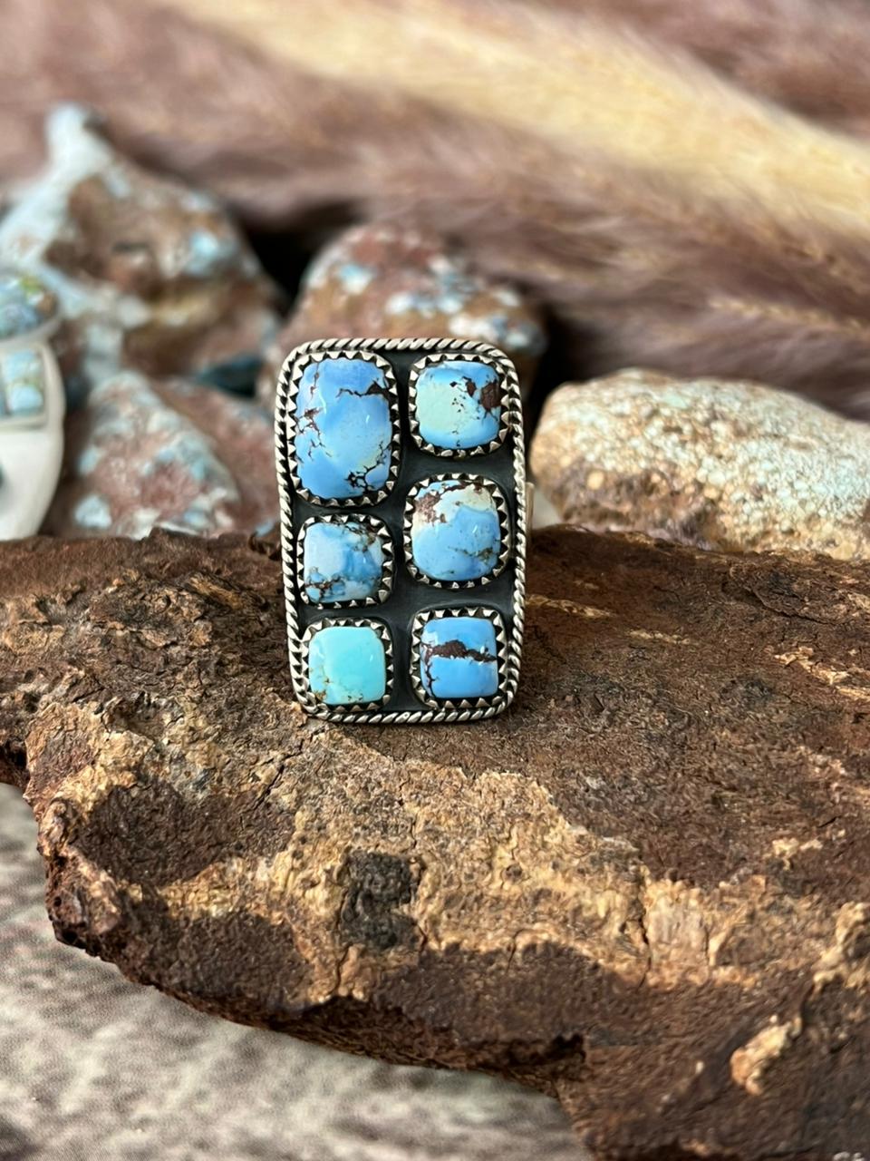 Handmade Sterling Silver Golden Hills Turquoise Adjustable Ring "Signed Nizhoni"